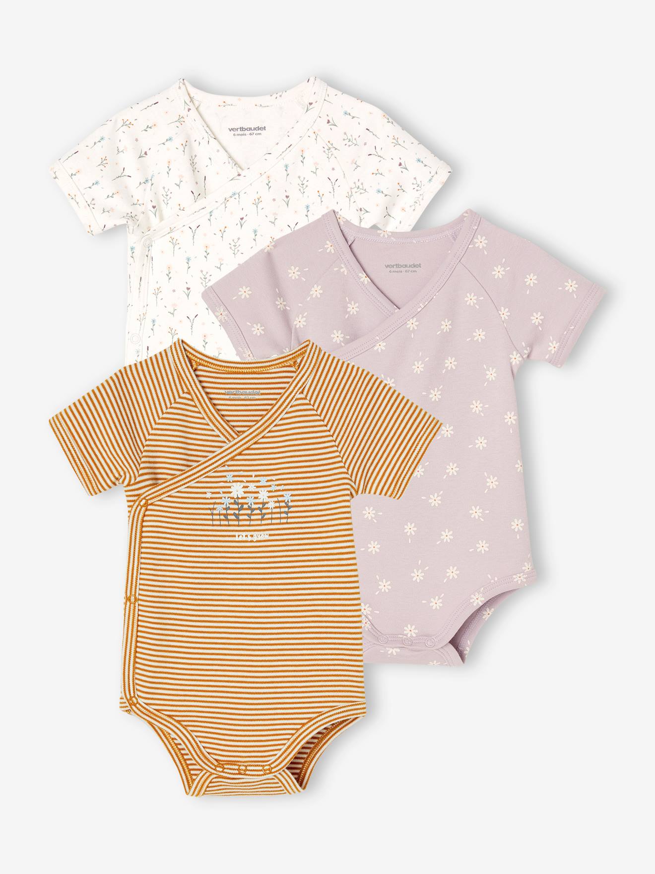 Lot de 3 bodies manches courtes bébé ouverture naissance lilas