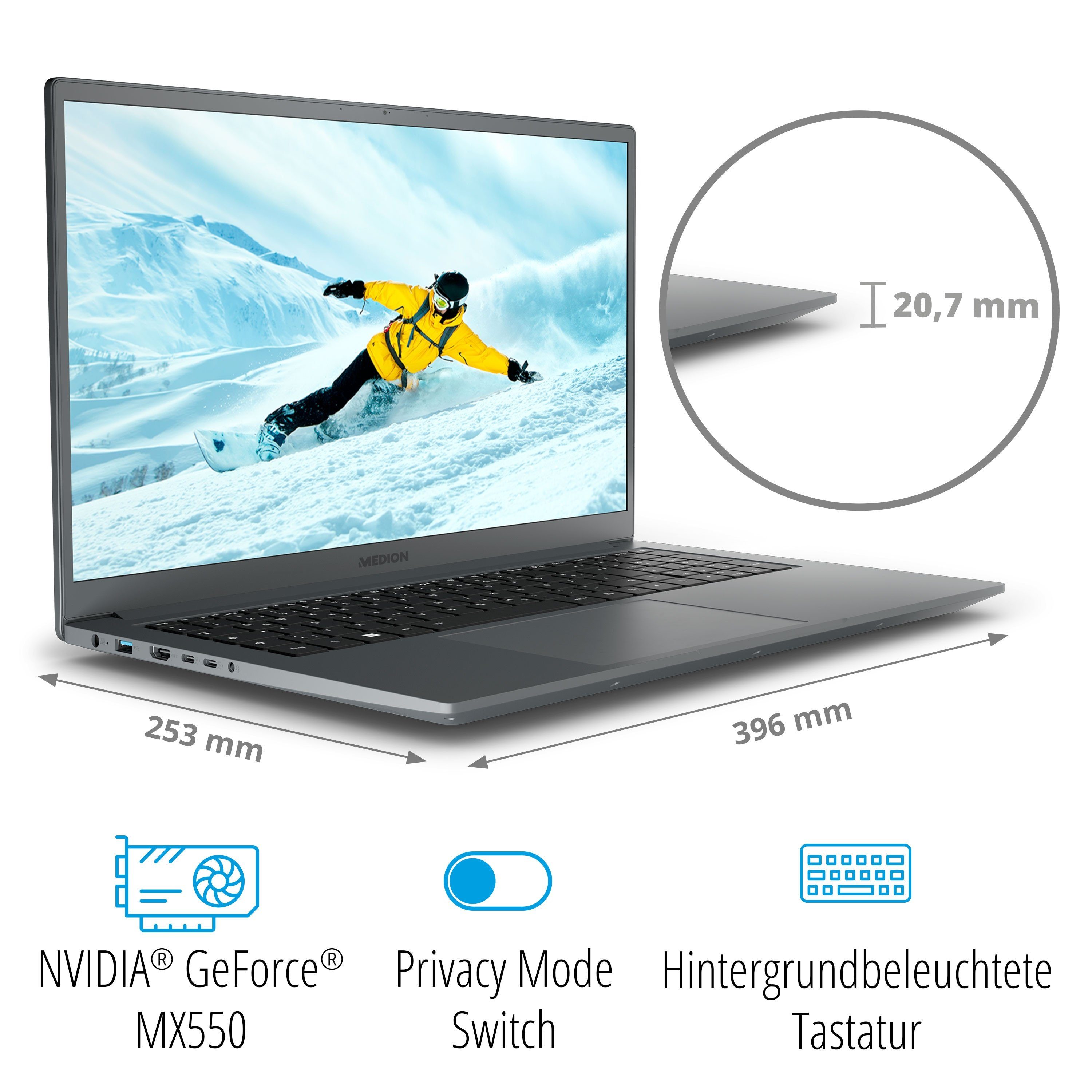 Medion® P17619 Notebook (43.9 cm/17.3 Zoll, Intel Core i5 13420H, Nvidia GeForce MX550, 1000 GB SSD, Full-HD Display, 16GB, Windows 11, MD62554)