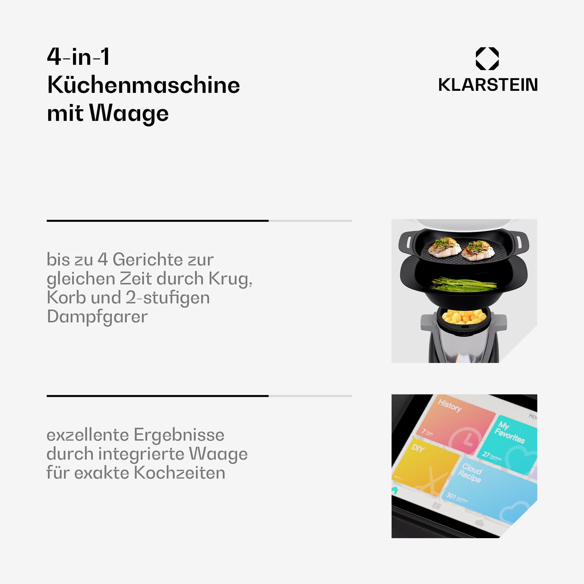 Klarstein Küchenmaschine mit Kochfunktion Aria Select Smart, 1700 W, 4.7 l Schüssel, Dämpfaufsatz Waage 4,7 L Edelstahl Touch App