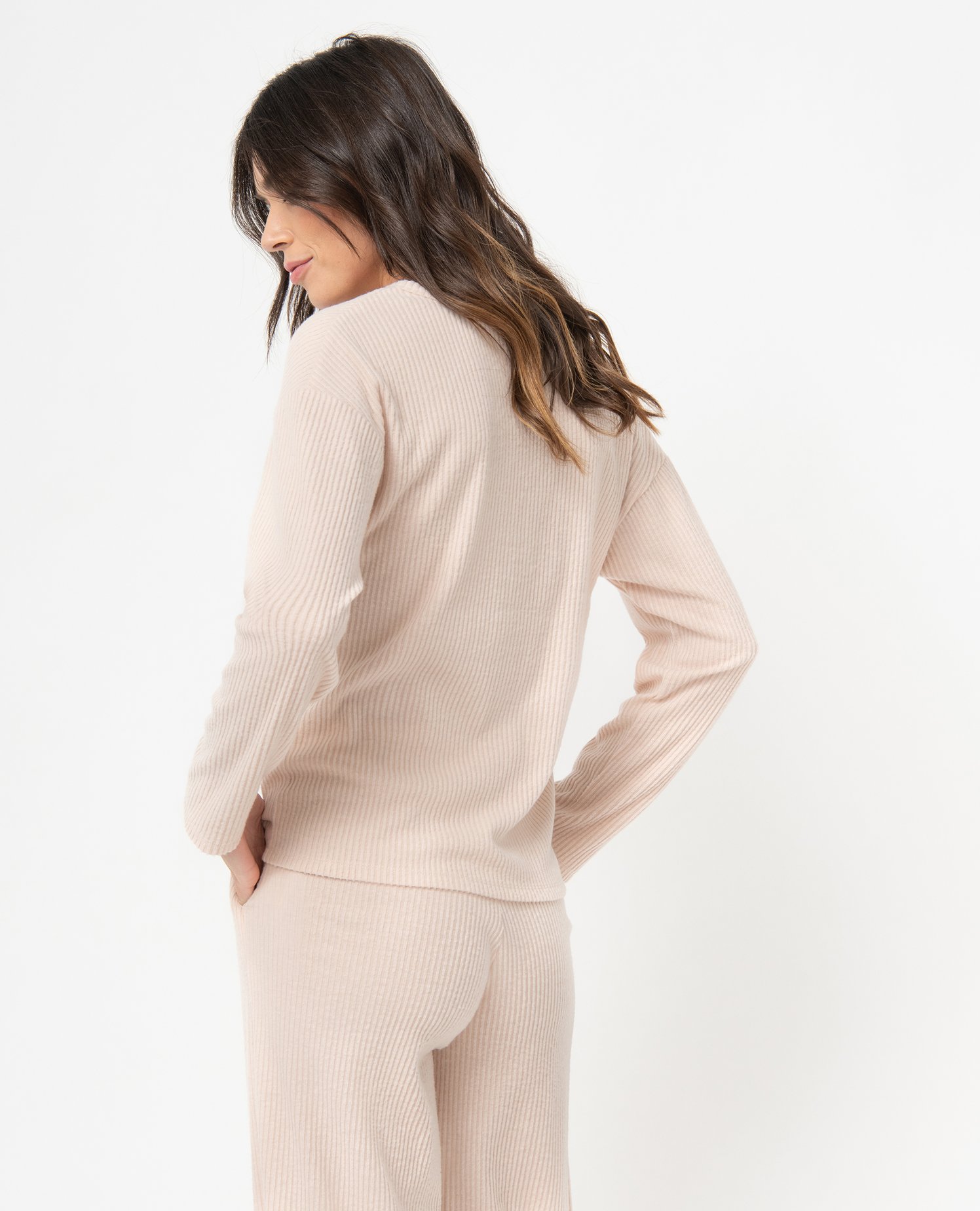 Haut de pyjama femme à manches longues en maille ctelée beige | GEMO