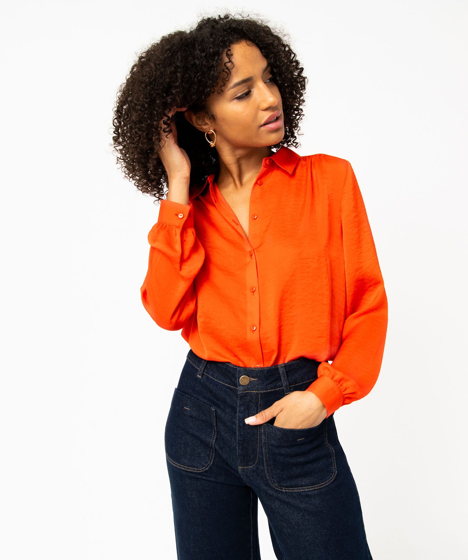 Chemise en satin à manches longues femme rouge | GEMO