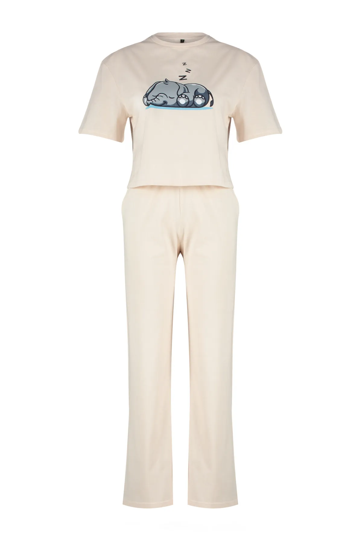 Trendyol Collection  Puderfarbenes Strick-Pyjama-Set aus 100 % Baumwolle mit Elefantenmuster THMSS24PT00070