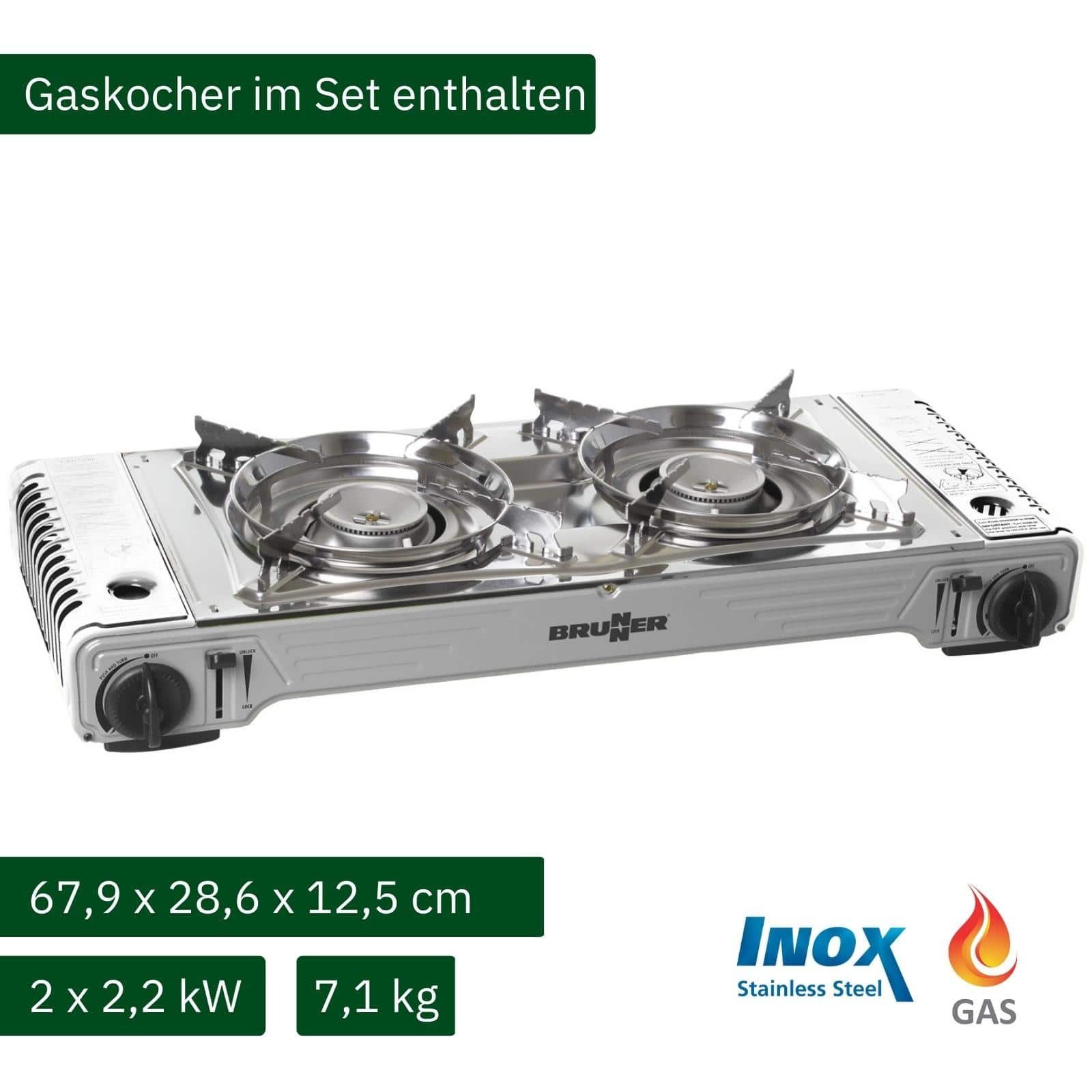 BRUNNER Gaskocher BRUNNER Camping Gaskocher 2 flammig DEVIL DOUBLE GRILL mit Grillplatte