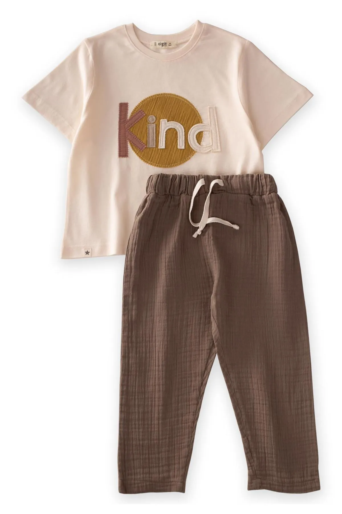 Cigit  Kind Musselin-Hosen-Set mit Applikationen, 2–7 Jahre, Sand