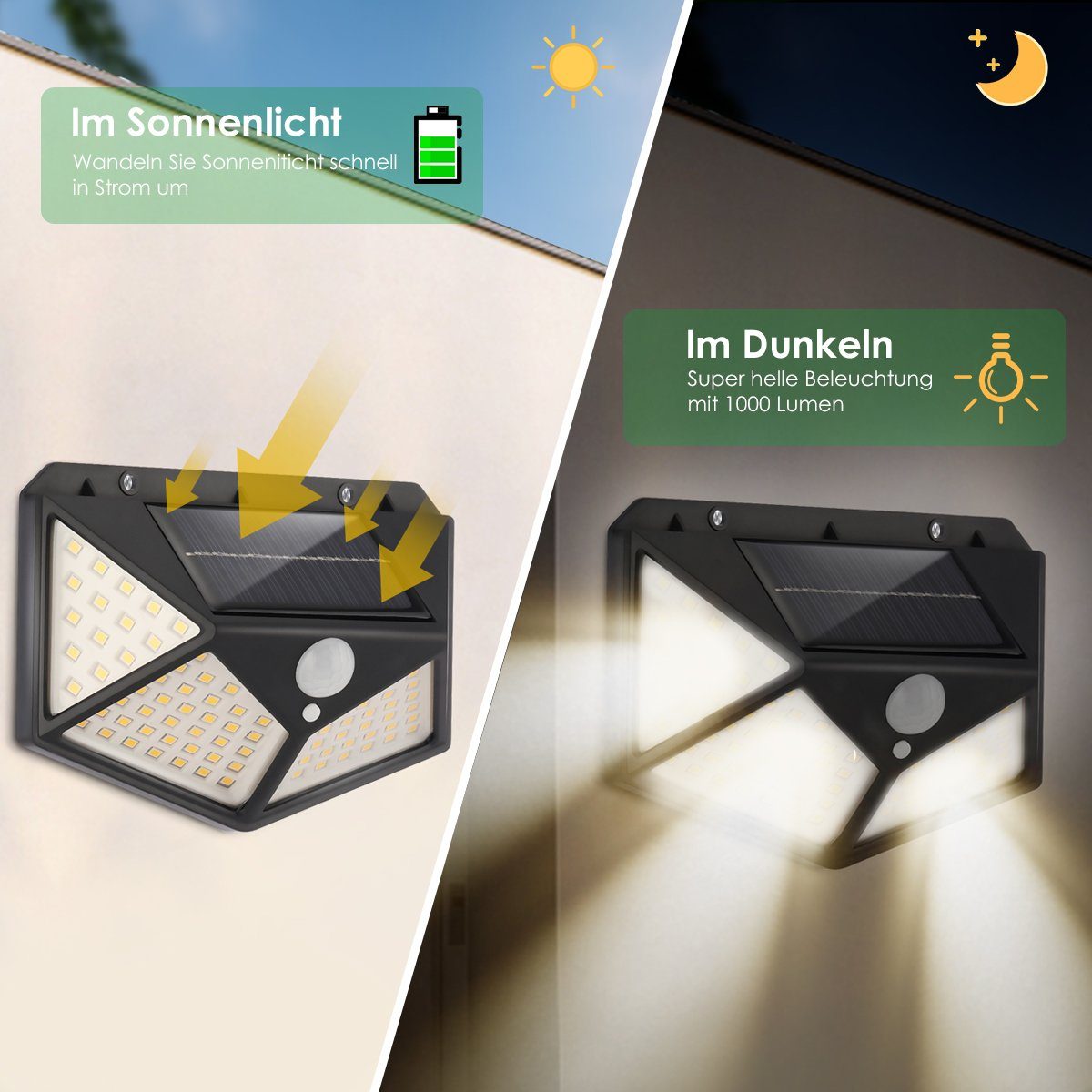LETGOSPT LED Solarleuchte 4x Solarleuchte 100 LEDs Wandleuchte mit Bewegungsmelder Außenlampe, LED fest integriert, IP65 Außenleuchte Gartenlampe Strahler Lampe Licht
