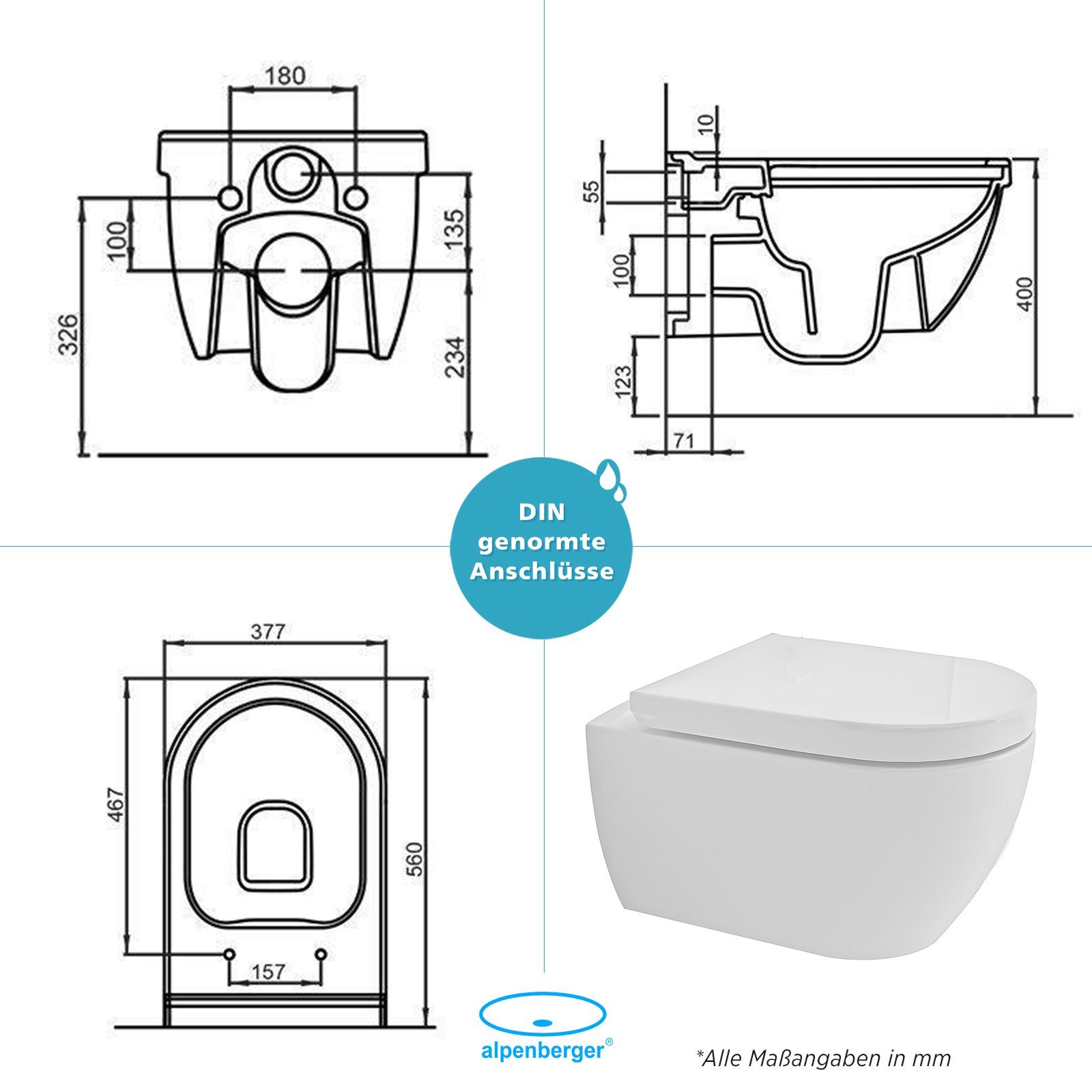 Alpenberger Dusch-WC - Taharet WC mit WC Sitz mit Absenkautomaik, Toilette Wandmontage, Abgang Waagerecht, Wand WC Set Made in Europa, Hänge WC Spülrandlos WC mit Bidet Funktion - Passend Geberit