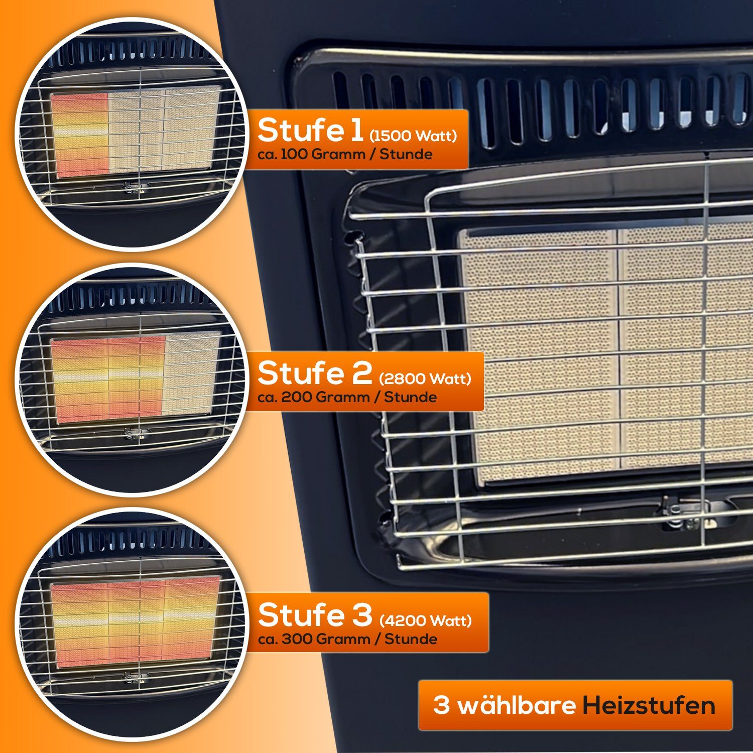 TroniTechnik Heizgerät Infrarot- Heizgerät HB-015 Gasheizer,Piezo-Zündung,4200 Watt,I3B/P(50), 4200 W, Überhitzungsschutz, drei Leistungsstufen:1500/2800/4200 Watt Edelstahl
