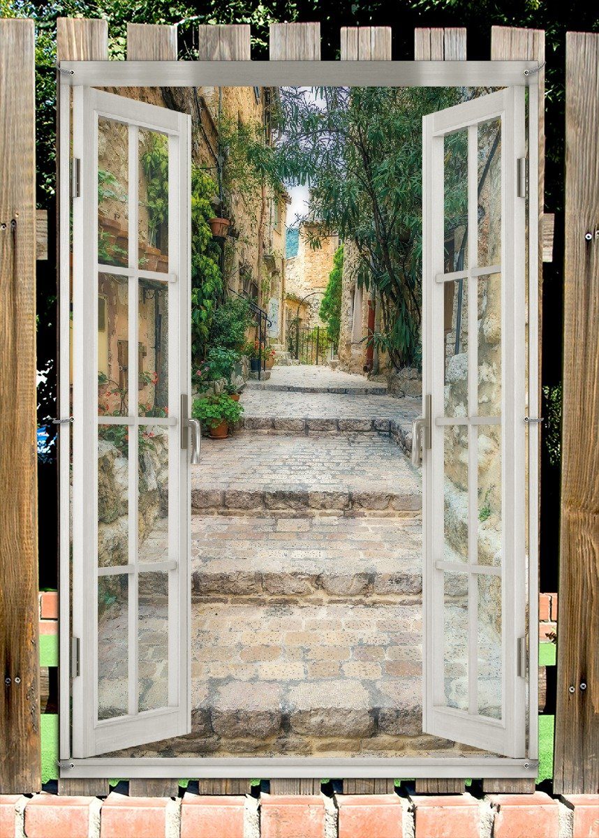 Wallario Sichtschutzzaunmatten Alte steinerne Gasse in Südfrankreich, mit Fenster-Illusion
