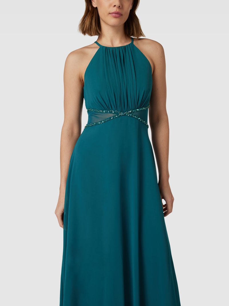 Abendkleid mit amerikanischem Ausschnitt in dunkelgrün meliert