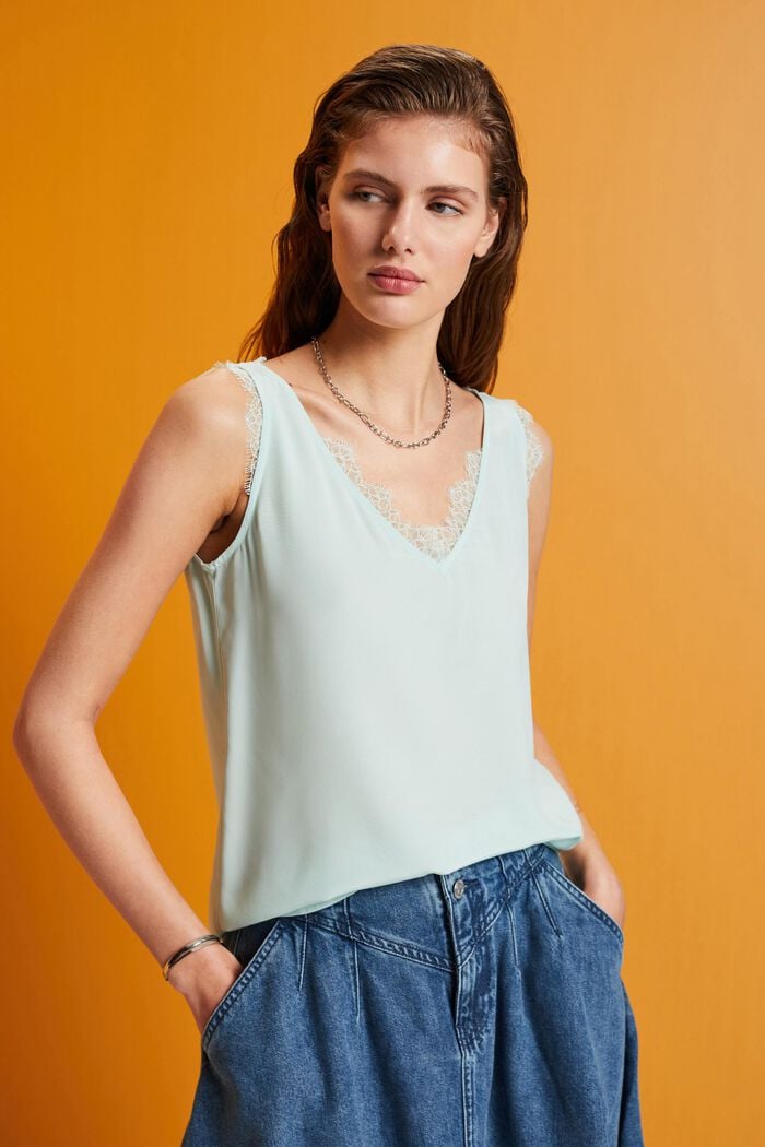 Ärmellose Bluse mit Spitzenbesatz