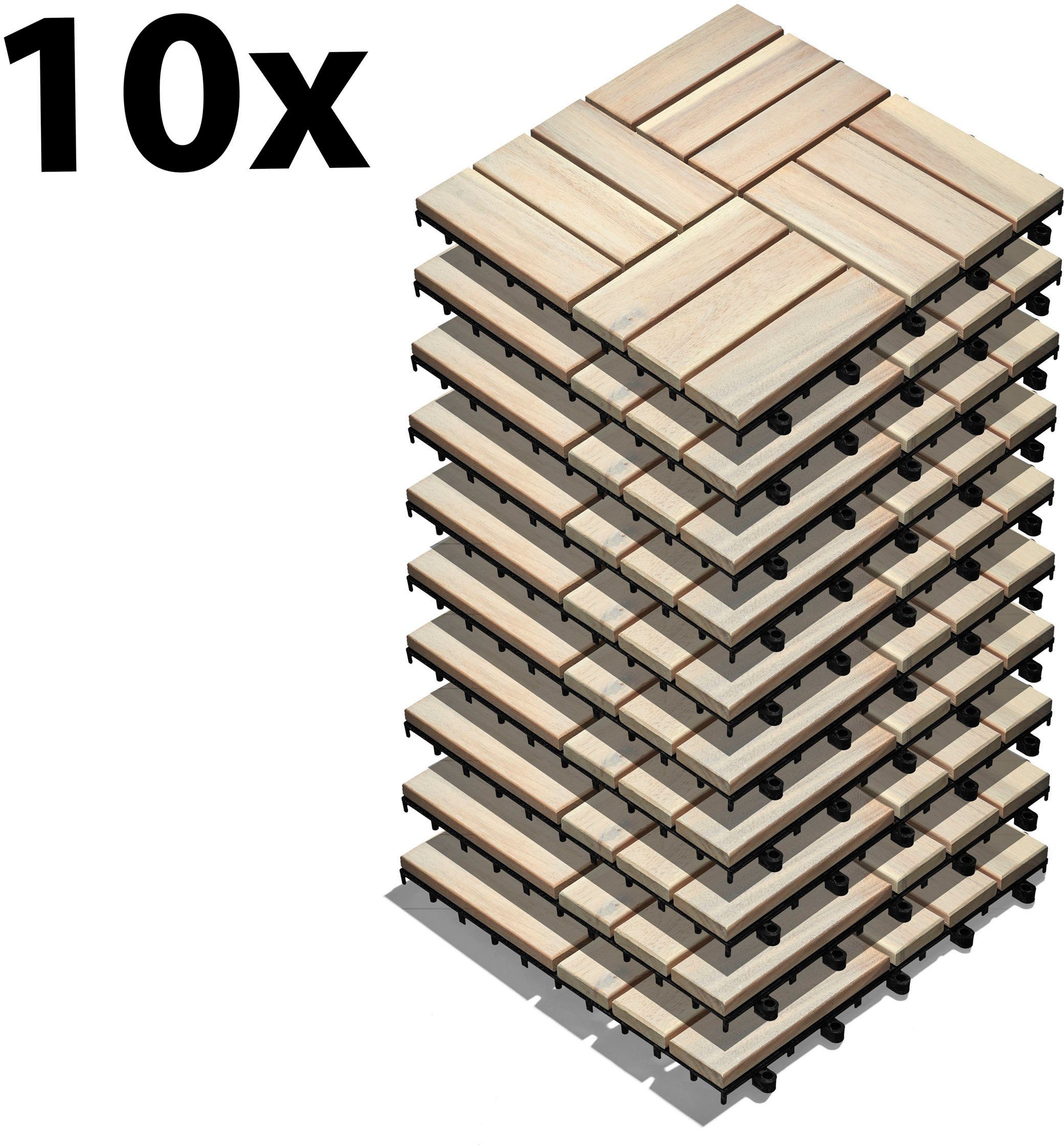 Gartenfreude Holzfliesen, Set, 10 St., 0,9 m², Akazienholz, wetterfest, mit Klickfunktion