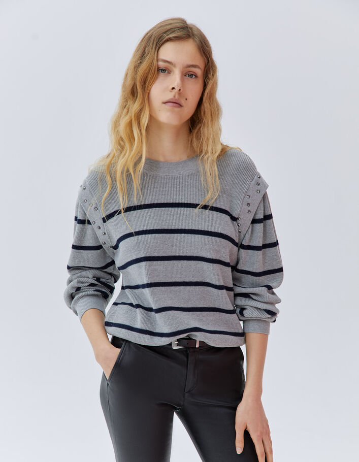 Pull gris tricot à rayures marine et clous Femme
