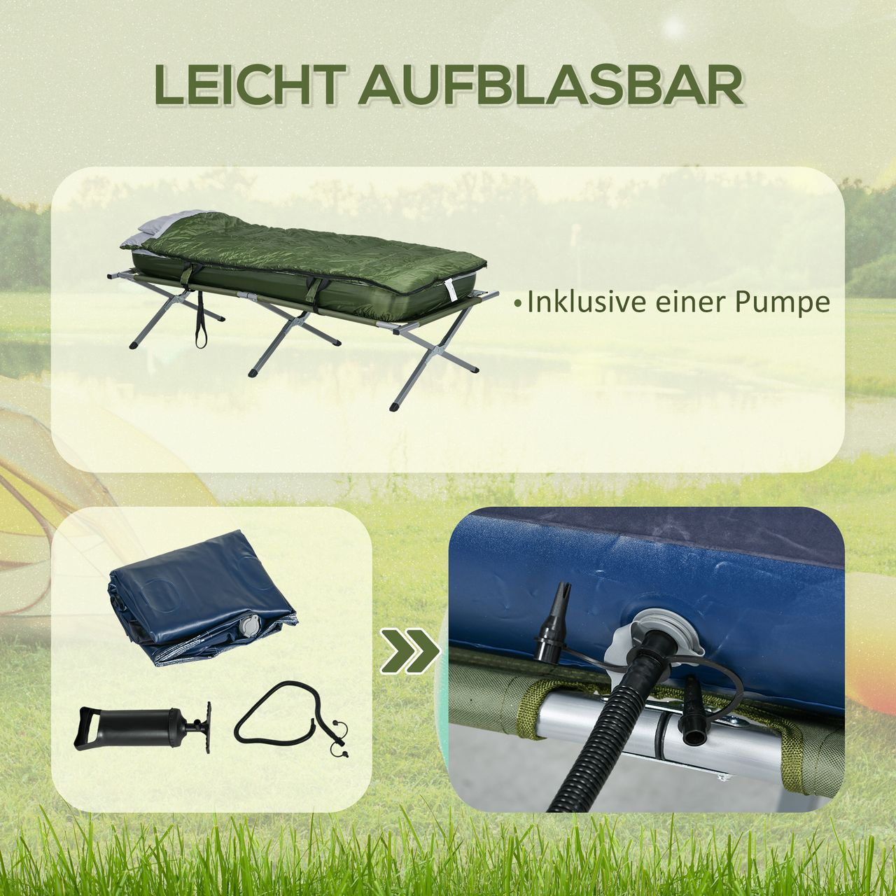 Outsunny Campingbett Einzelbett Feldbett mit Kopfkissen klappbare Reisebett Grün