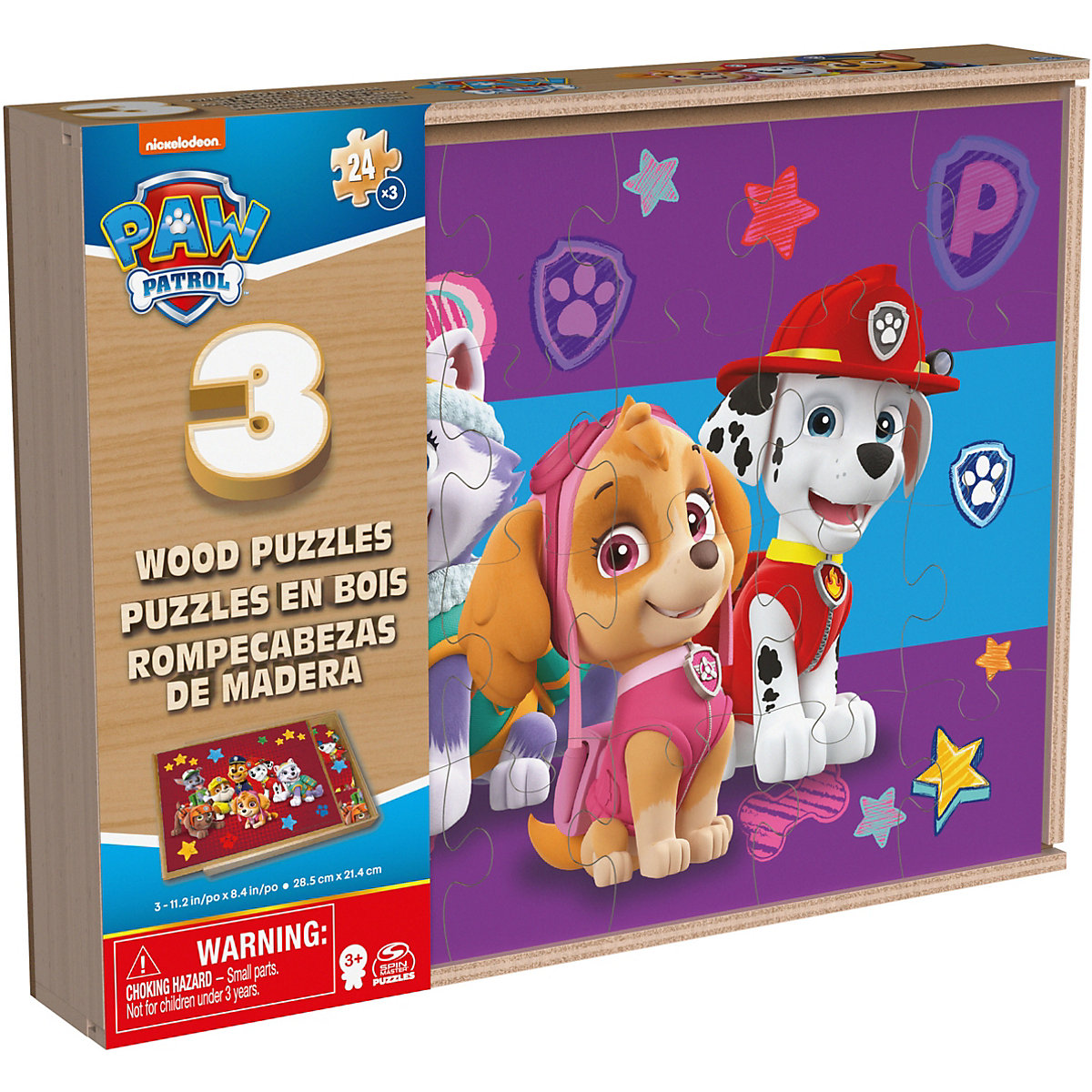 Paw Patrol, 3-Holzpuzzle-Sammlung 24-teilige Kinderpuzzles mit tragbarer Holzbox zur Aufbewahrung, Chase, Marshall, Skye, Rubble, für Vorschulkinder