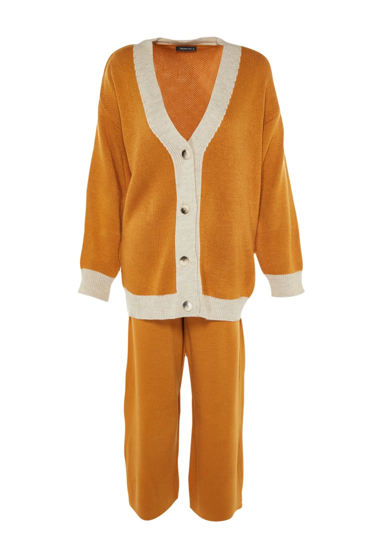 Trendyol Modest  Senfgelbes Strickset mit Strickjacke und Hose mit Streifendetail TCTAW22AU0156