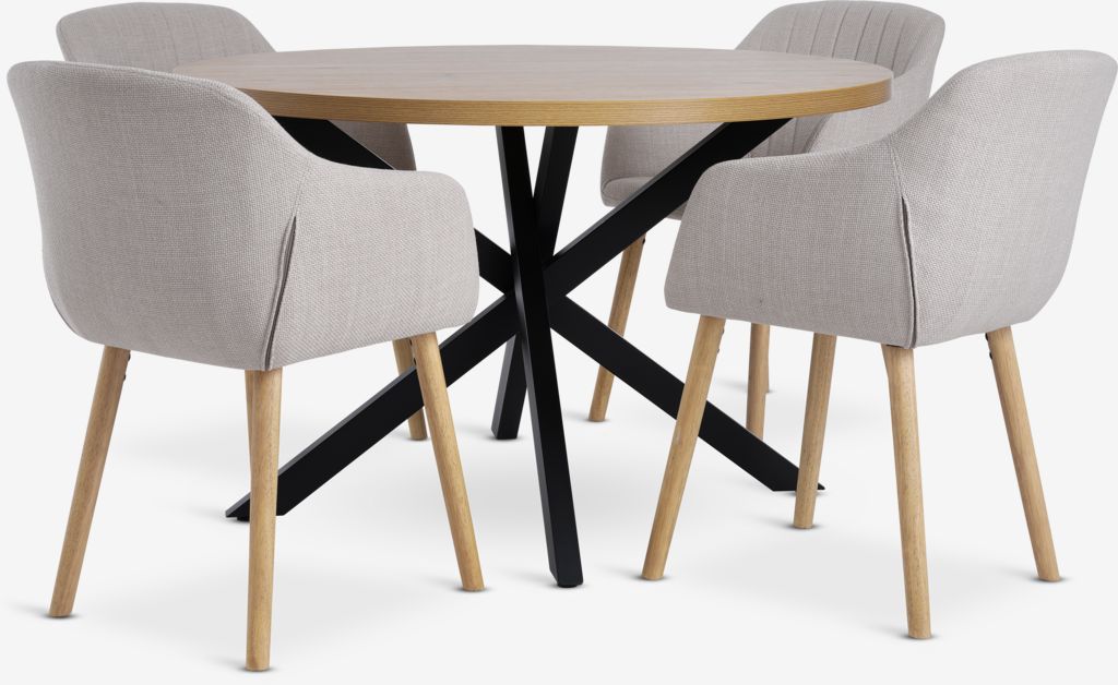 Table NORTOFT ADSLEV NORTOFT Ø120 en chêne avec 4 chaises, couleur beige.