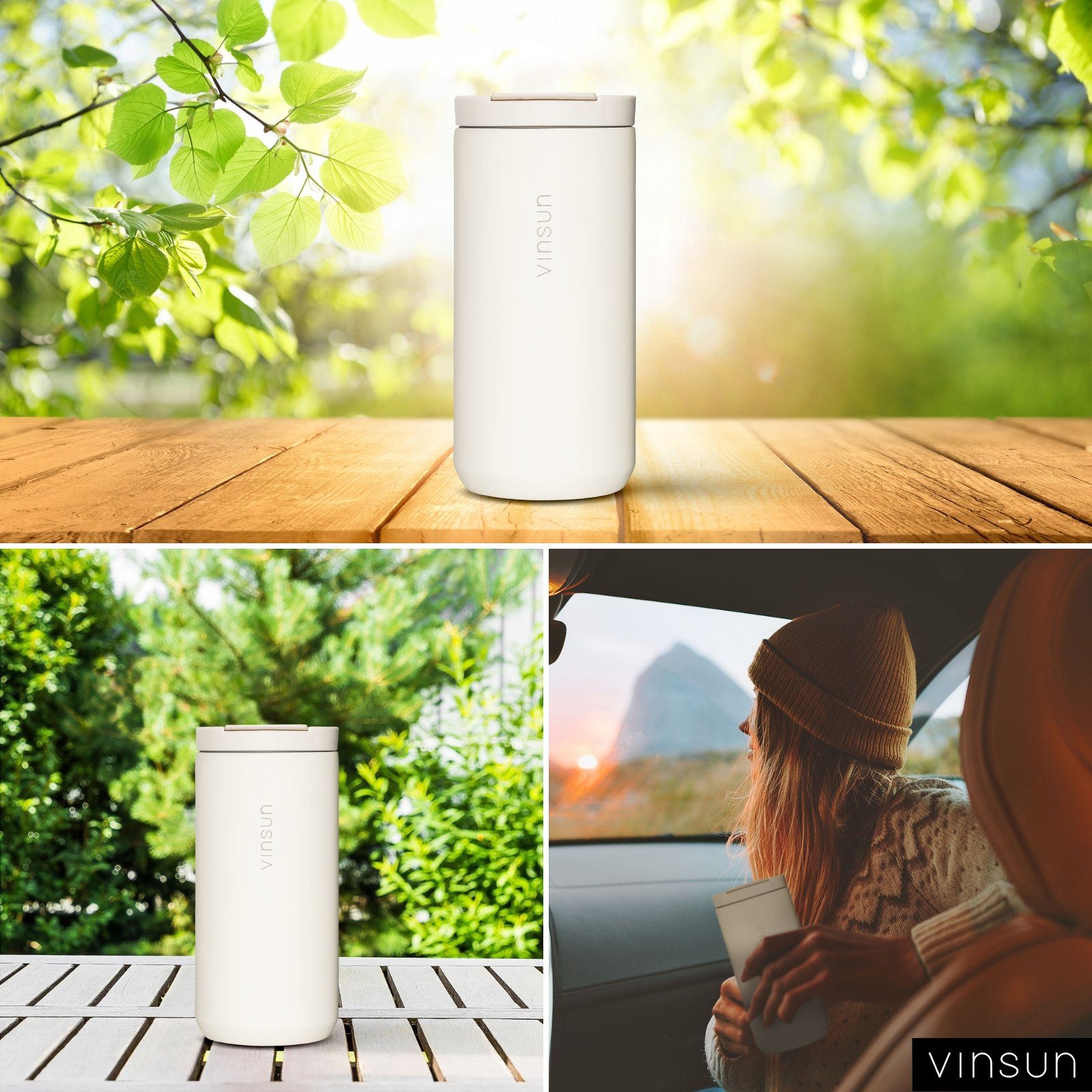 Vinsun Thermobecher Isolierbecher 380ml mit Trinköffnung - Kaffeebecher für unterwegs, Edelstahl, auslaufsicher, bruchfest, für heiße und kalte Getränke