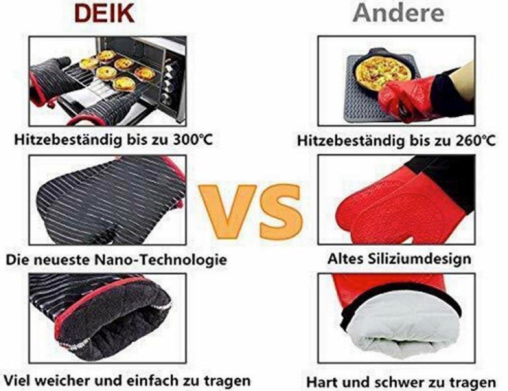 DEIK Topfhandschuhe, (4-tlg., 2x Topflappen und 2x Ofenhandschuhe), hitzebeständig, Polyester-Baumwolle mit Silikonbeschichtung
