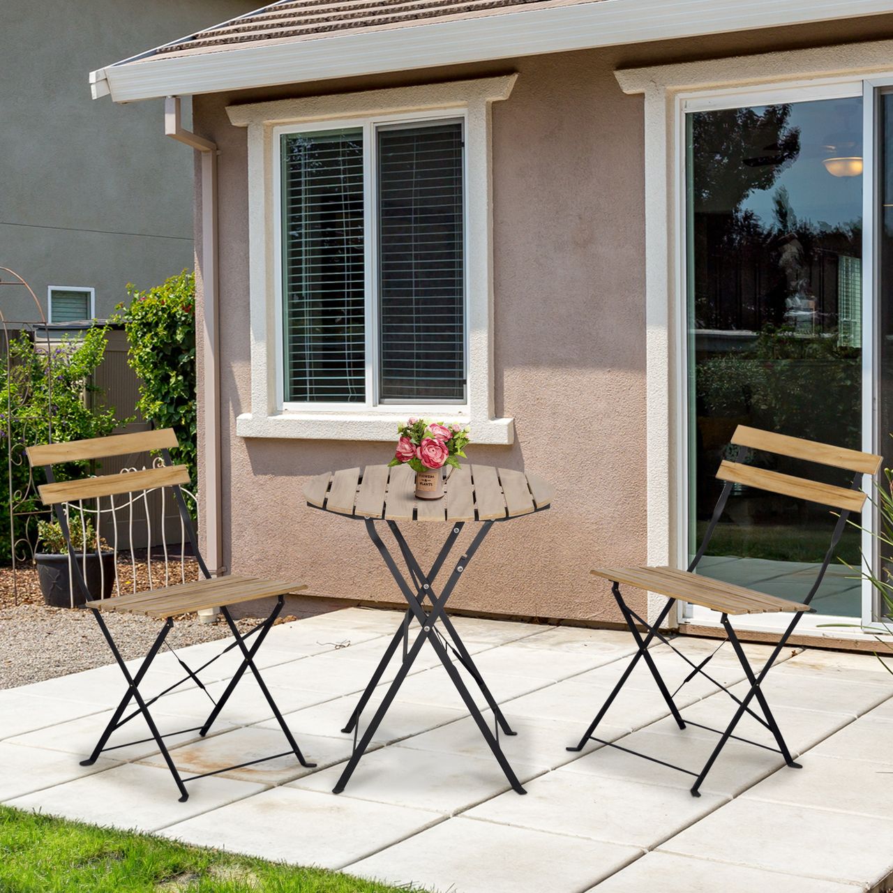 Outsunny Bistroset 3-tlg. Klappbar Gartenset Balkonset Bistrotisch mit 2 Stühlen Gartenmöbel Metall Kiefernholz Natur