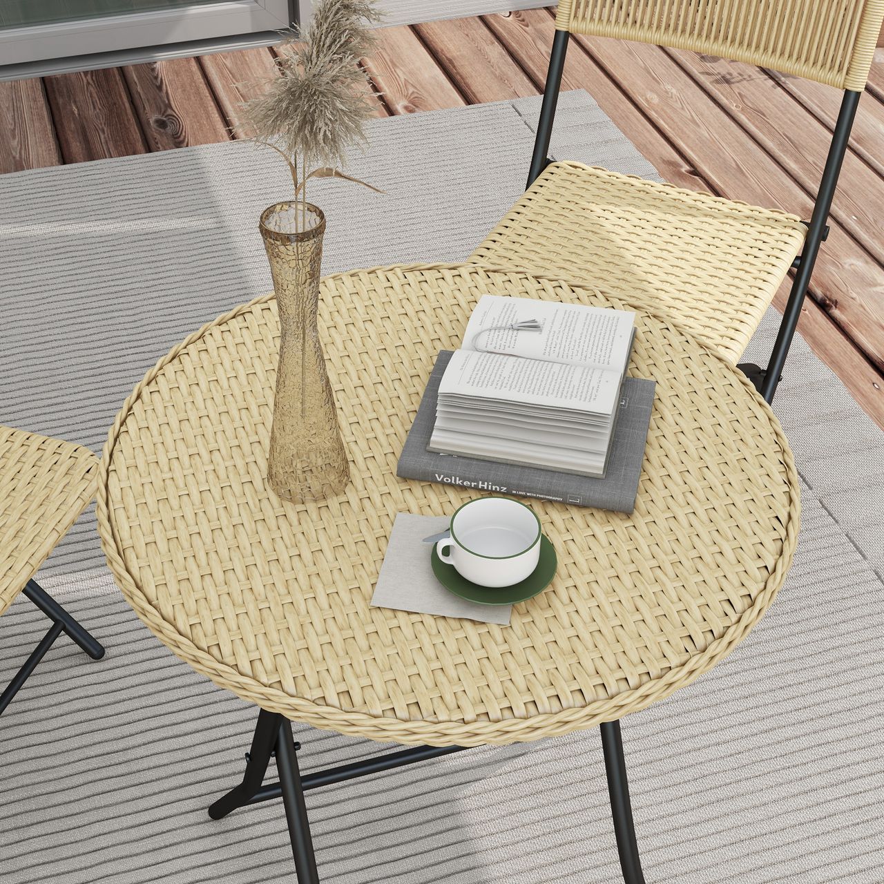 Outsunny Bistro-Set Rattanoptik 2 Stühle Beistelltisch Balkon-Sitzgarnitur Gelb