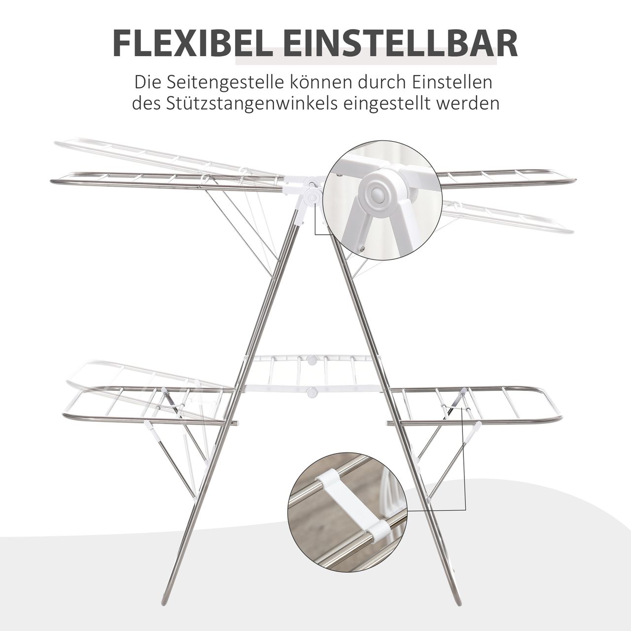 HOMCOM Wäscheständer faltbar 3-stufiger Flügelwäschetrockner Trockengestell Trockenständer Edelstahl Kunststoff Silber Weiß 138 x 60,5 x 112 cm