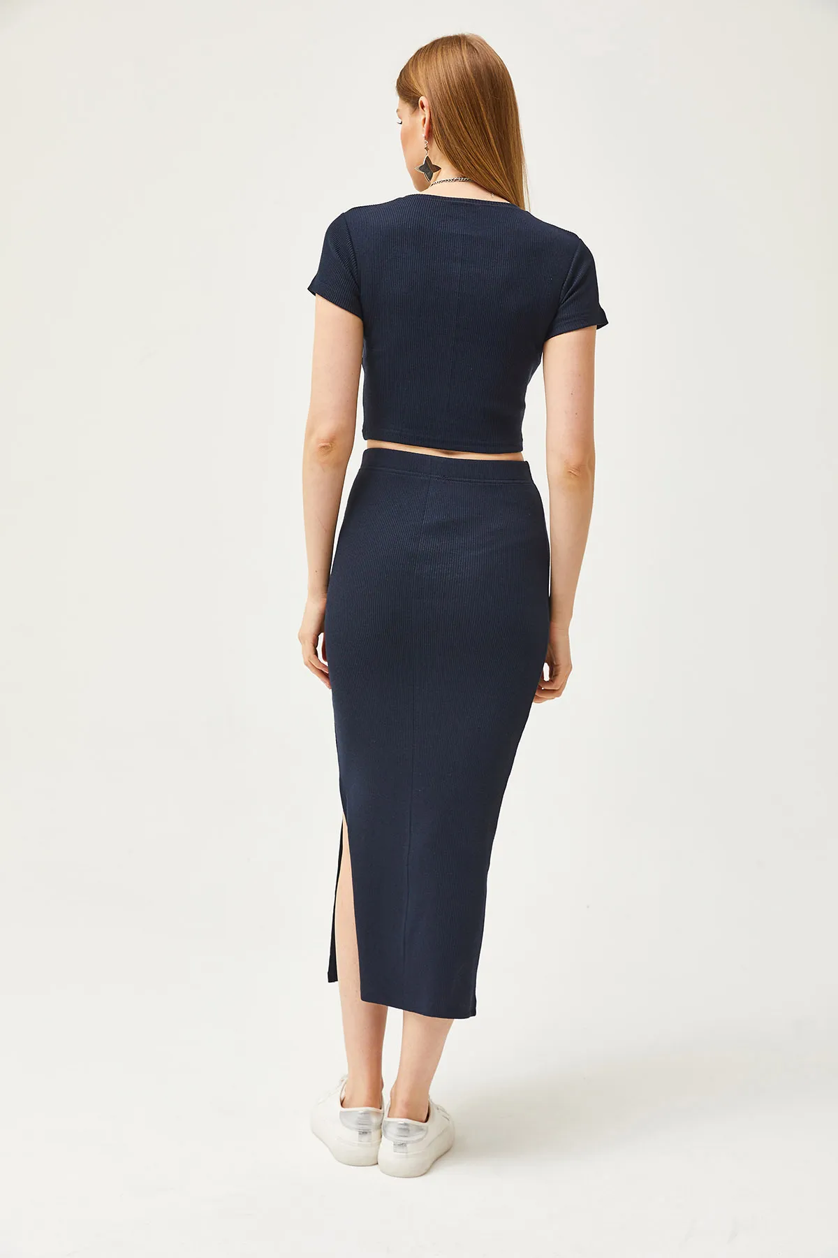 Olalook  Marineblauer Kurzarm-Lycra-Anzug mit Schlitzrock für Damen TKM-19000194