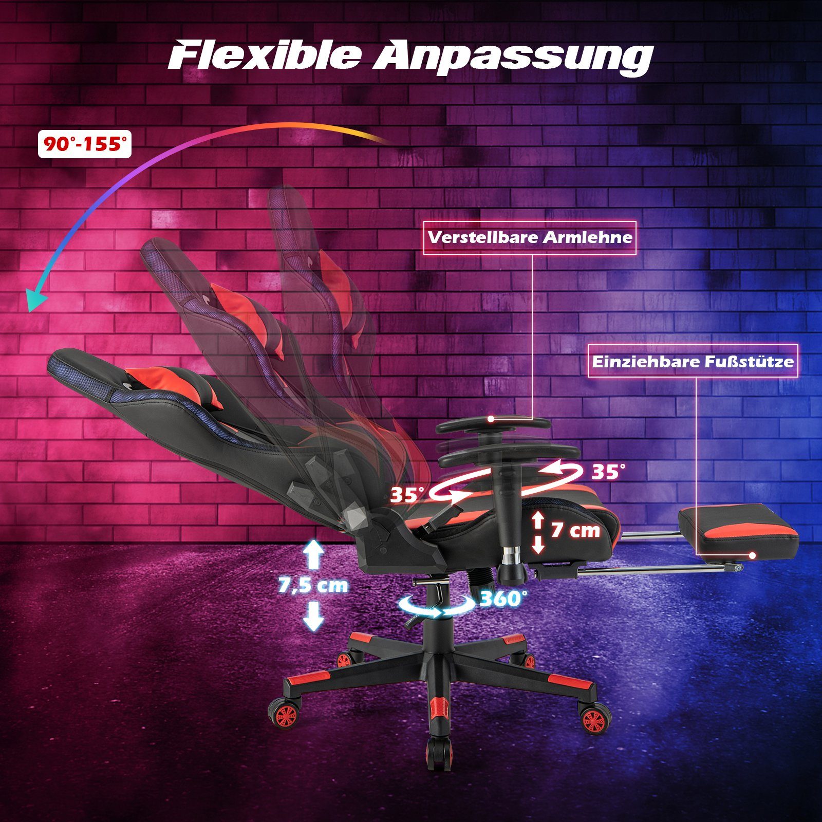 COSTWAY Gaming-Stuhl, mit Fußstütze, RGB-LEDs, verstellbarer Rücklehne, 160kg