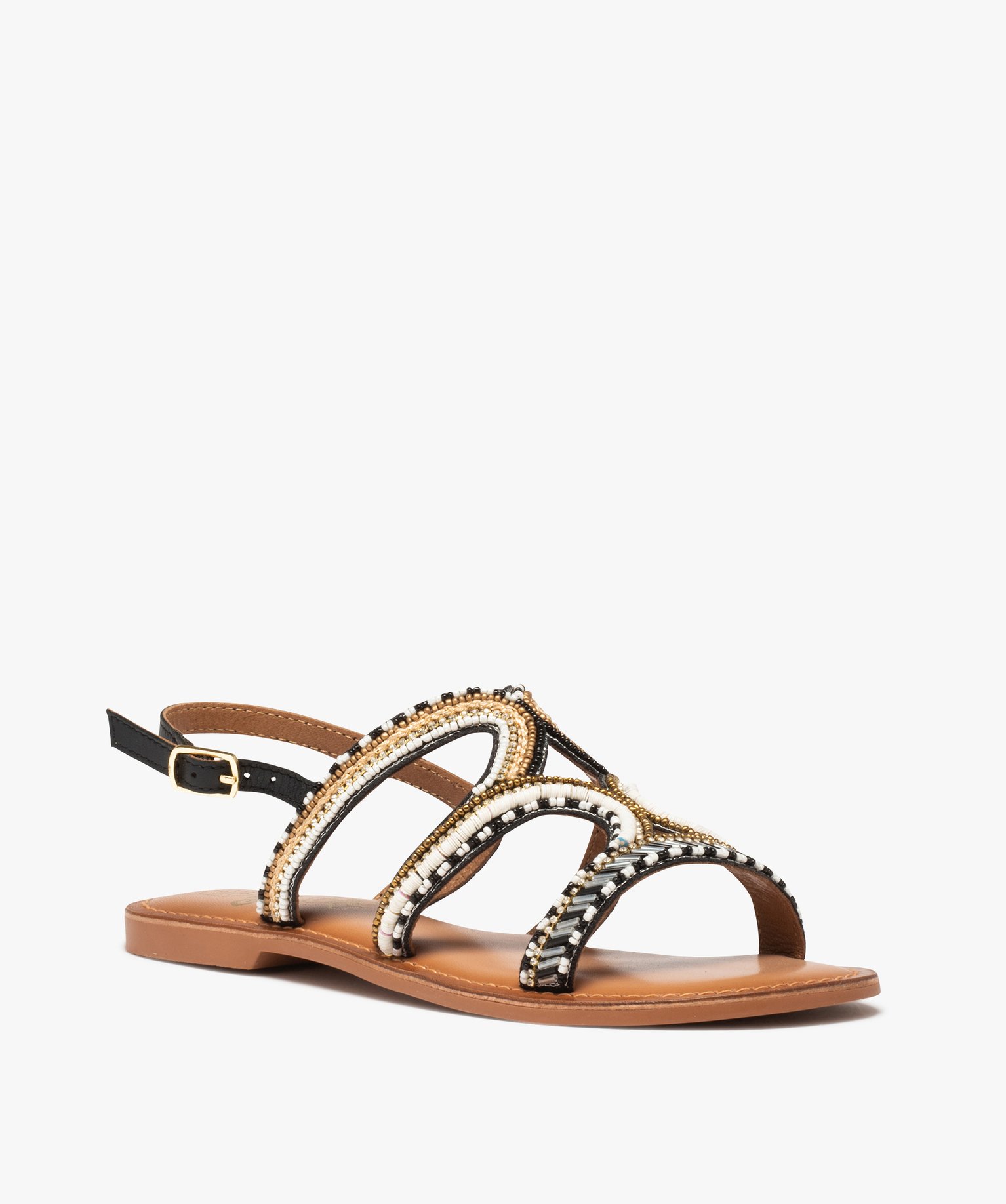 Sandales femme à talon plat ornées de perles et de strass noir | GEMO