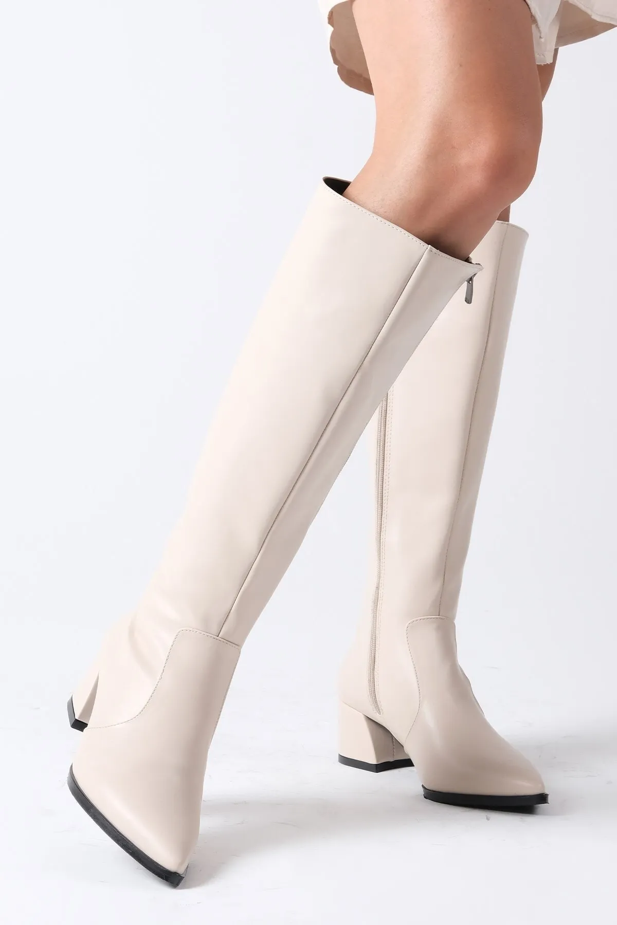 Mio Gusto  Mila Beigefarbene Damenstiefel mit spitzem Zehenbereich und seitlichem Reißverschluss und dünnem Pelzfutter