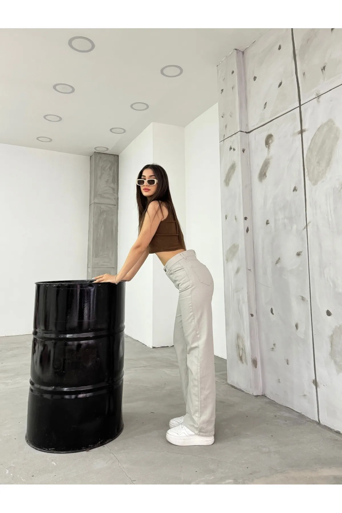 BİKELİFE  Damen-Palazzo-Hose mit hohem Bund und weitem Bein in Steinoptik