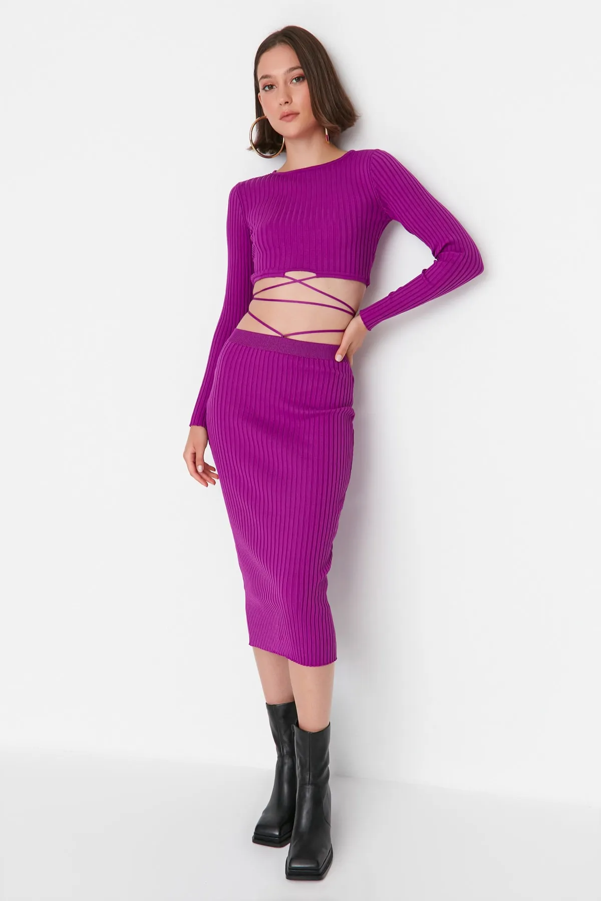 Trendyol Collection  Lila Strickoberteil und -unterteil-Set mit Krawattendetail TWOAW22EL0543