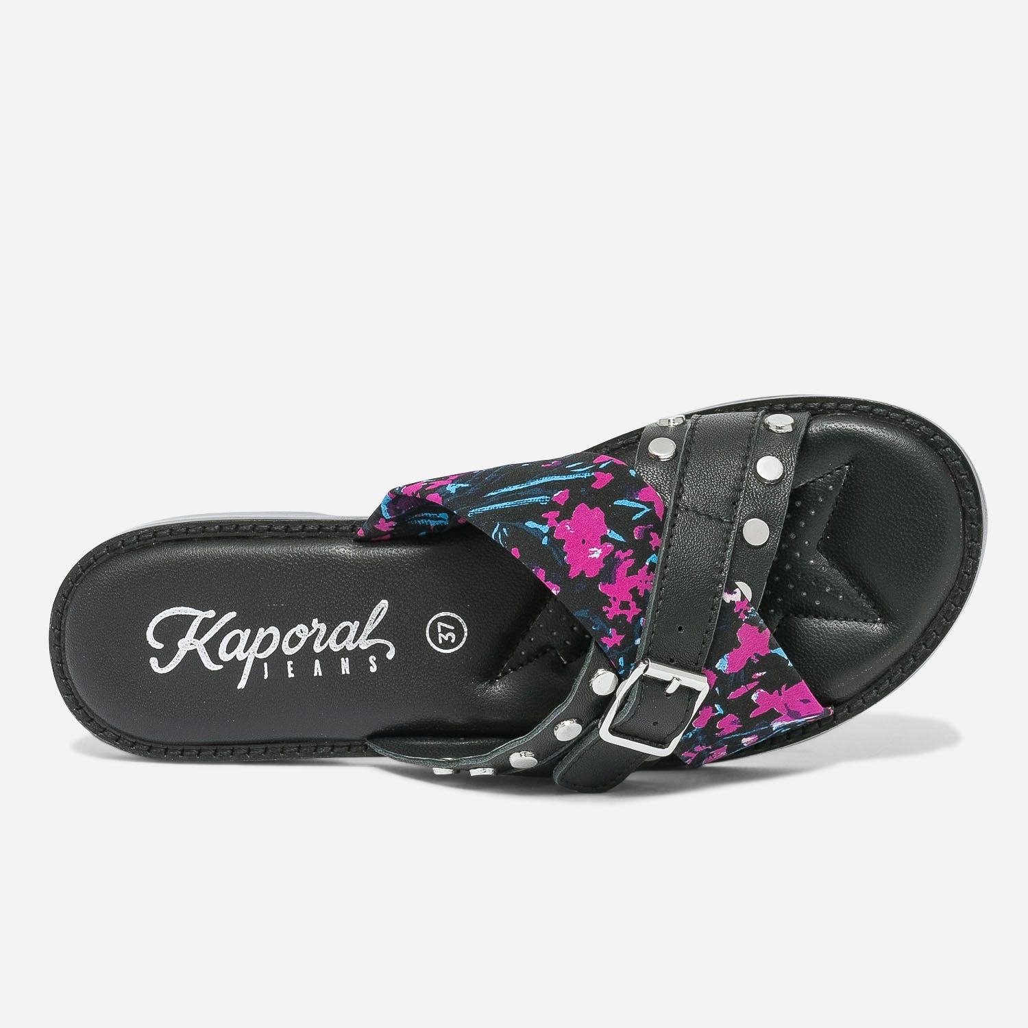 Mule KAPORAL noire en cuir avec imprimé fleurs