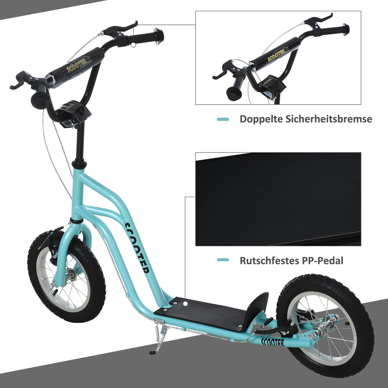 HOMCOM Kinderroller Lenker Verstellbar Scooter Tretroller Cityroller Kinder Roller Kickboard mit Luftreifen 12 Zoll ab 5 Jahre Blau 120 x 58 x 75-80 cm