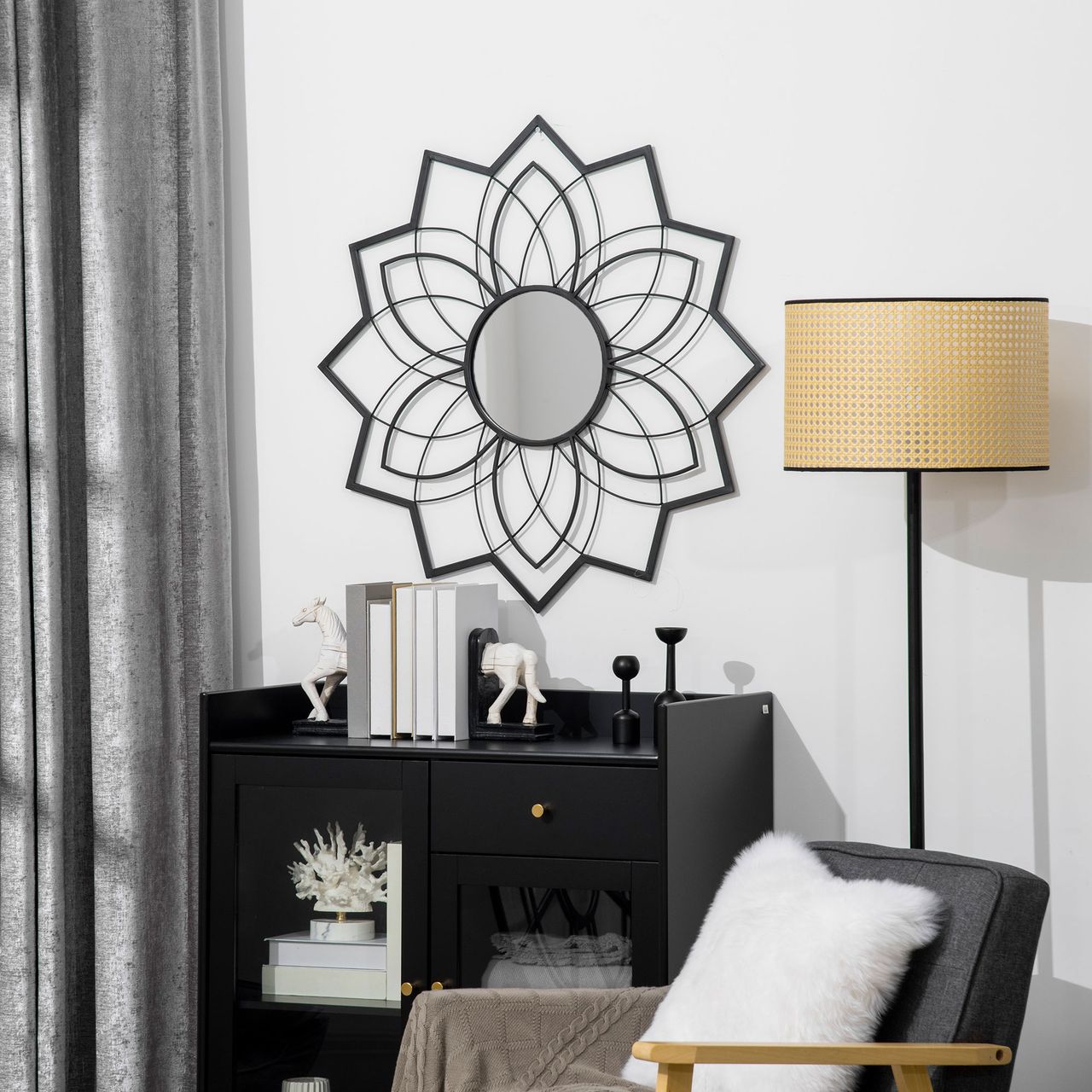 HOMCOM Wandspiegel Wohnzimmerspiegel Ø79 cm Rundspiegel mit Metallrahmen Dekospiegel mit Floralen Mustern Spiegelglas Flurspiegel für Schlafzimmer Elegant Schwarz