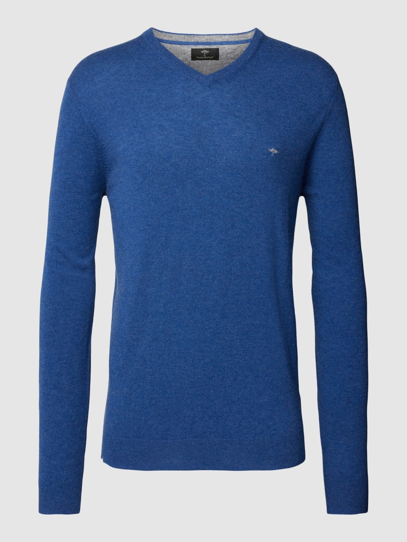 Strickpullover mit Logo-Stitching in blau meliert
