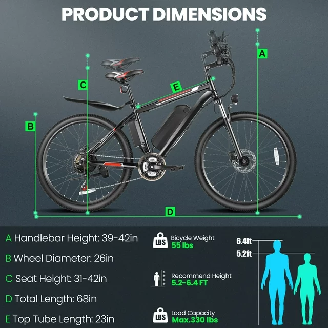 Gocio 500W Electric Bike 26 Electric Bicycle for Adults with Cruise Control System Ebike, Mountain Bike with Removable 375Wh Lithium-Ion Battery 50 Miles, 21 Speed Commuter Bike for Man Woman