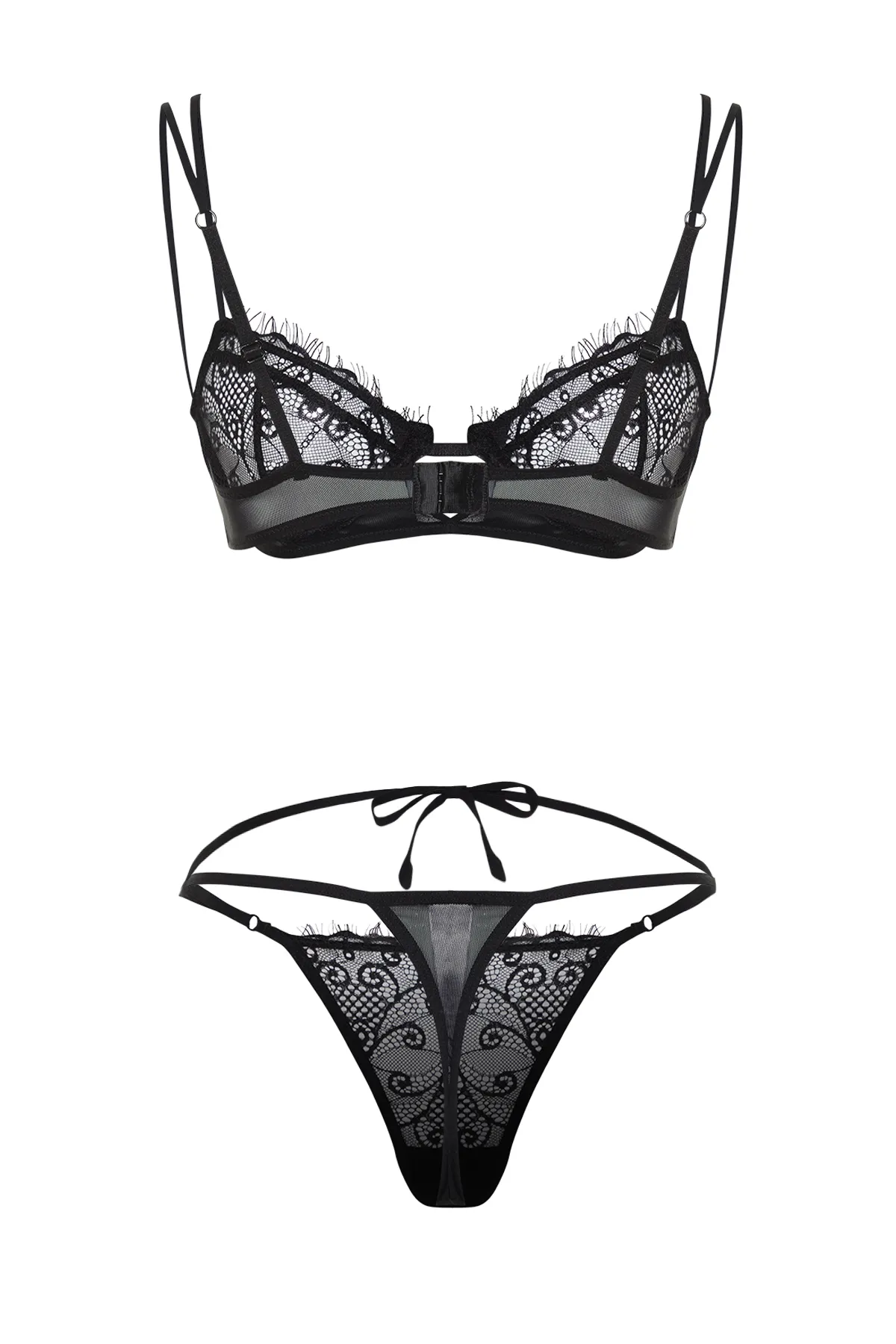 Trendyol Collection  Schwarzes, kappenloses Strick-Unterwäscheset mit Spitzenpaspelierung und Seilriemen THMSS24CC00025