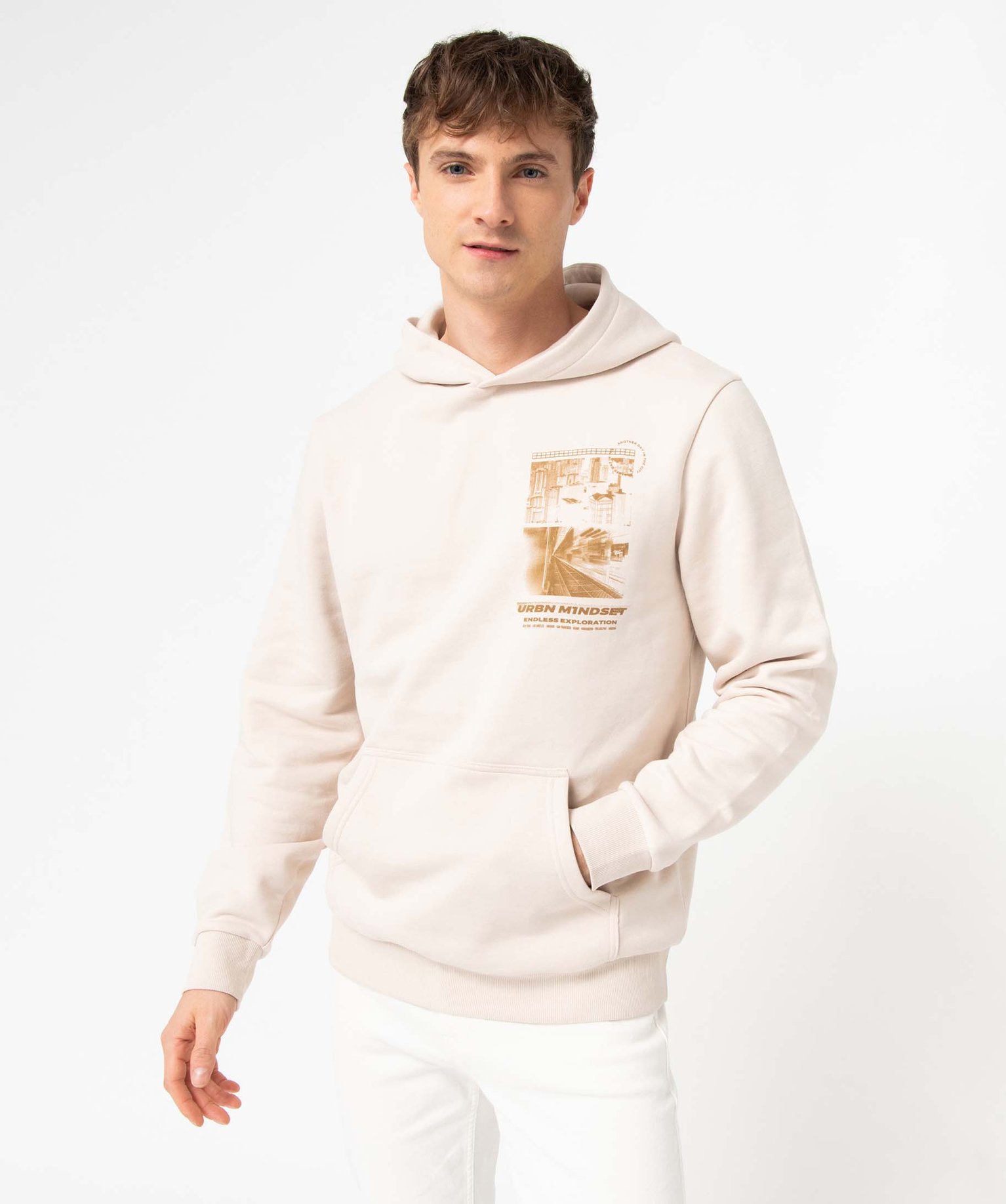 Sweat homme à capuche avec motif streetwear ecru | GEMO
