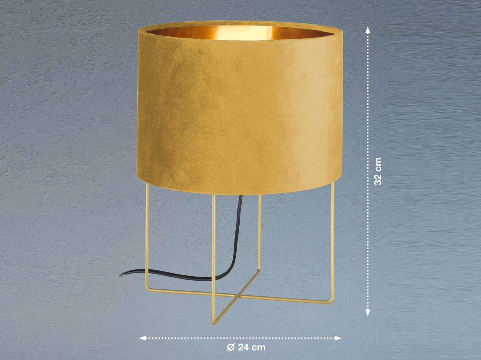 meineWunschleuchte LED Nachttischlampe, Dimmfunktion, LED wechselbar, Warmweiß, ausgefallen-e Design-er mit Samt Lampenschirm Gelb Gold-en, H: 32cm