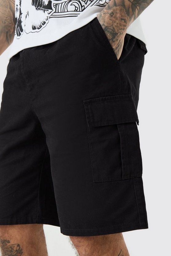 Tall lockere Cargo-Shorts mit elastischem Bund in Schwarz