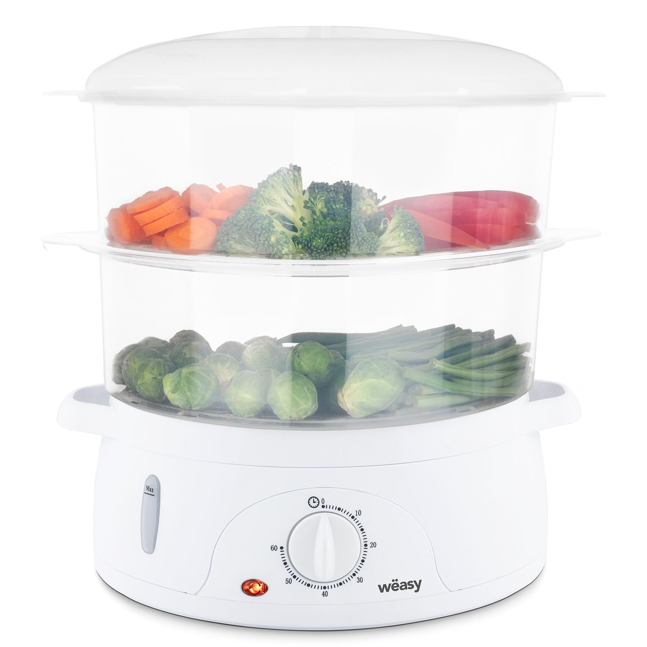 Weasy Wëasy Elektrischer Dampfgarer VEGE8 Multifunktions 9 l kompakt, 3 stapelbare Schalen zum Kochen von Eiern, Gemüse, Fleisch, Fisch, Rizkocher, Timer 60 Minuten, Vitaminaufbewahrung