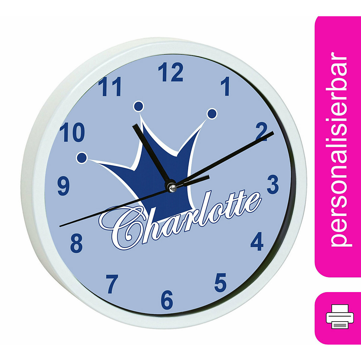 Kinder Wanduhr personalisiert mit Name Krone blau