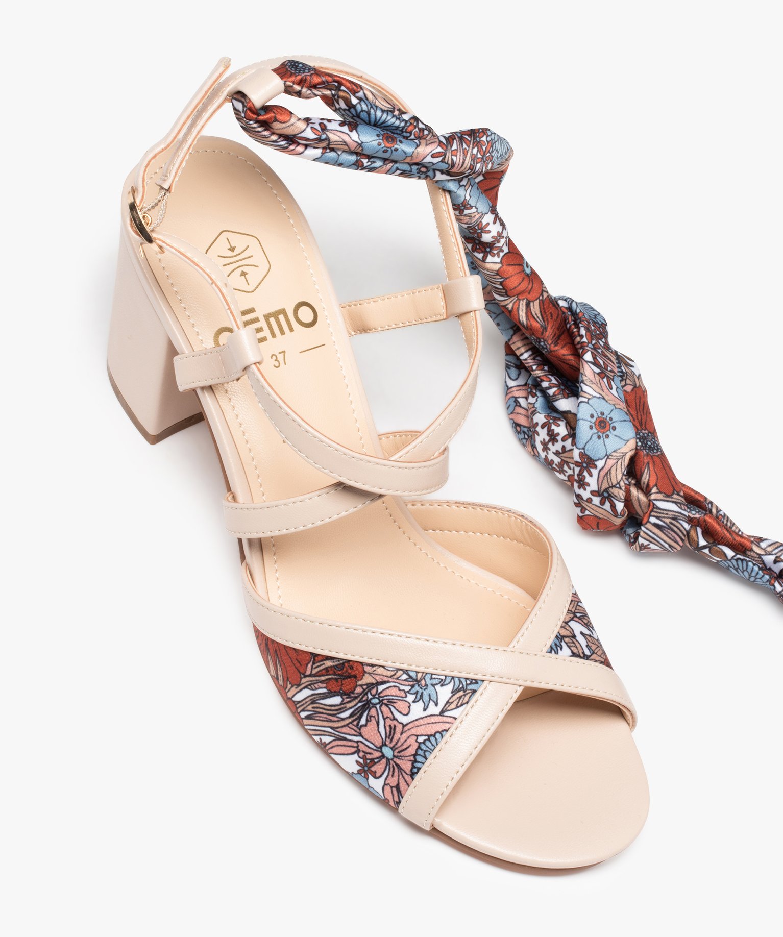 Sandales femme à talon carré et bride foulard beige | GEMO