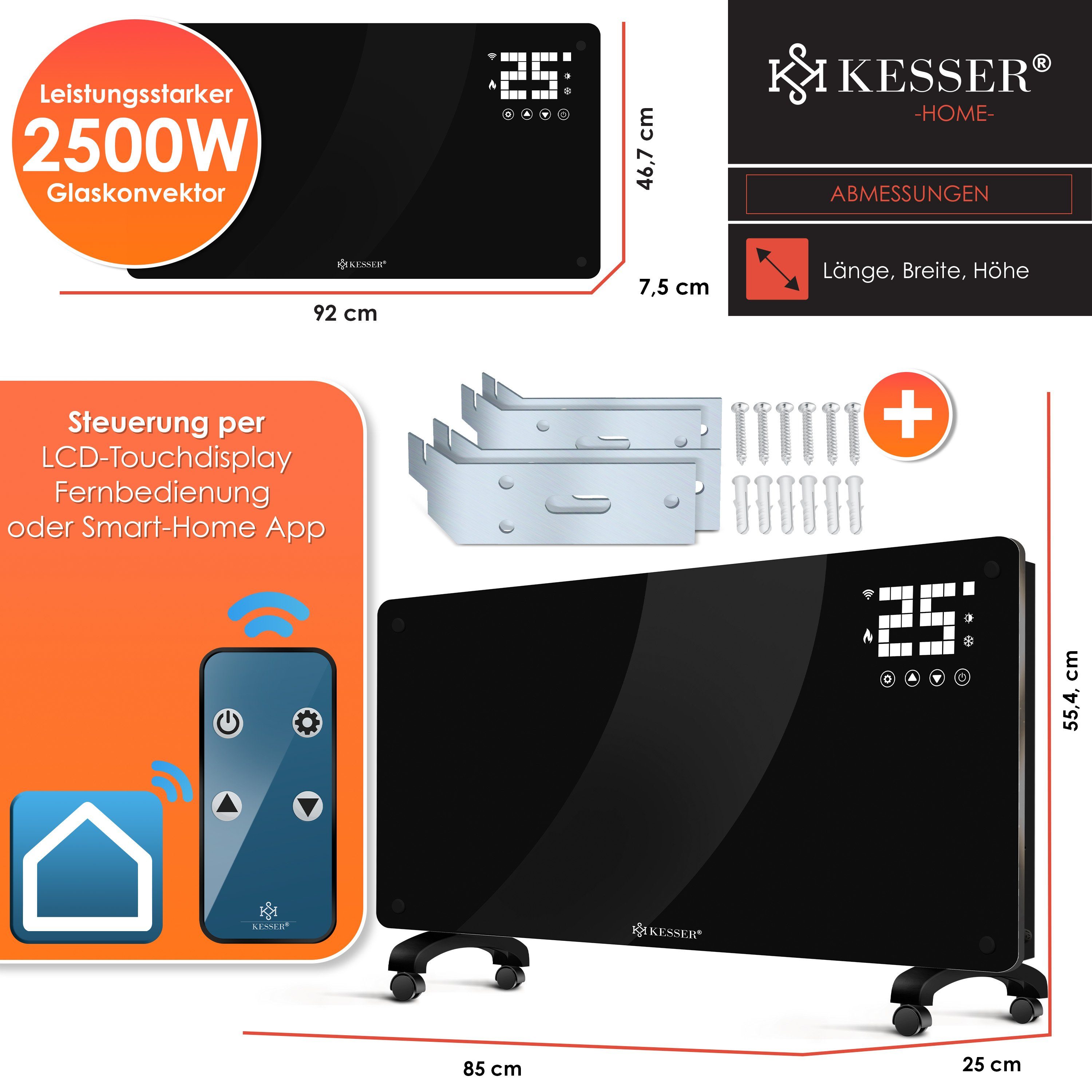KESSER Heizgerät, 2500 W, Glaskonvektor Glas Heizung Elektroheizkörper APP WiFi + Fernbedienung