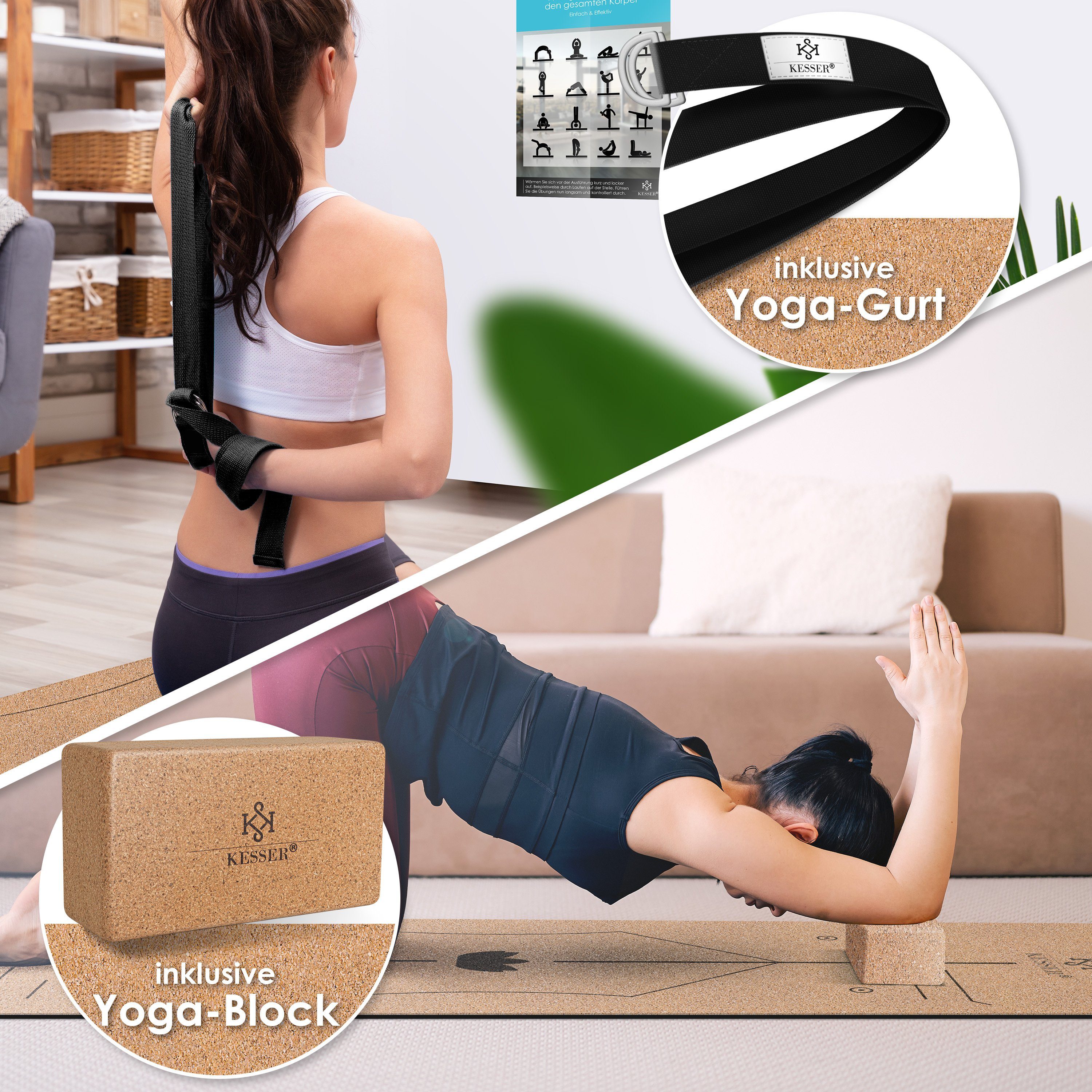 KESSER Yogamatte, Yogamatte Kork Inkl. Tragegurt Tasche Yoga-Block Gymnastik