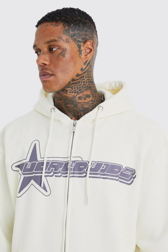 Oversize Hoodie mit Worldwide-Print und Reißverschluss