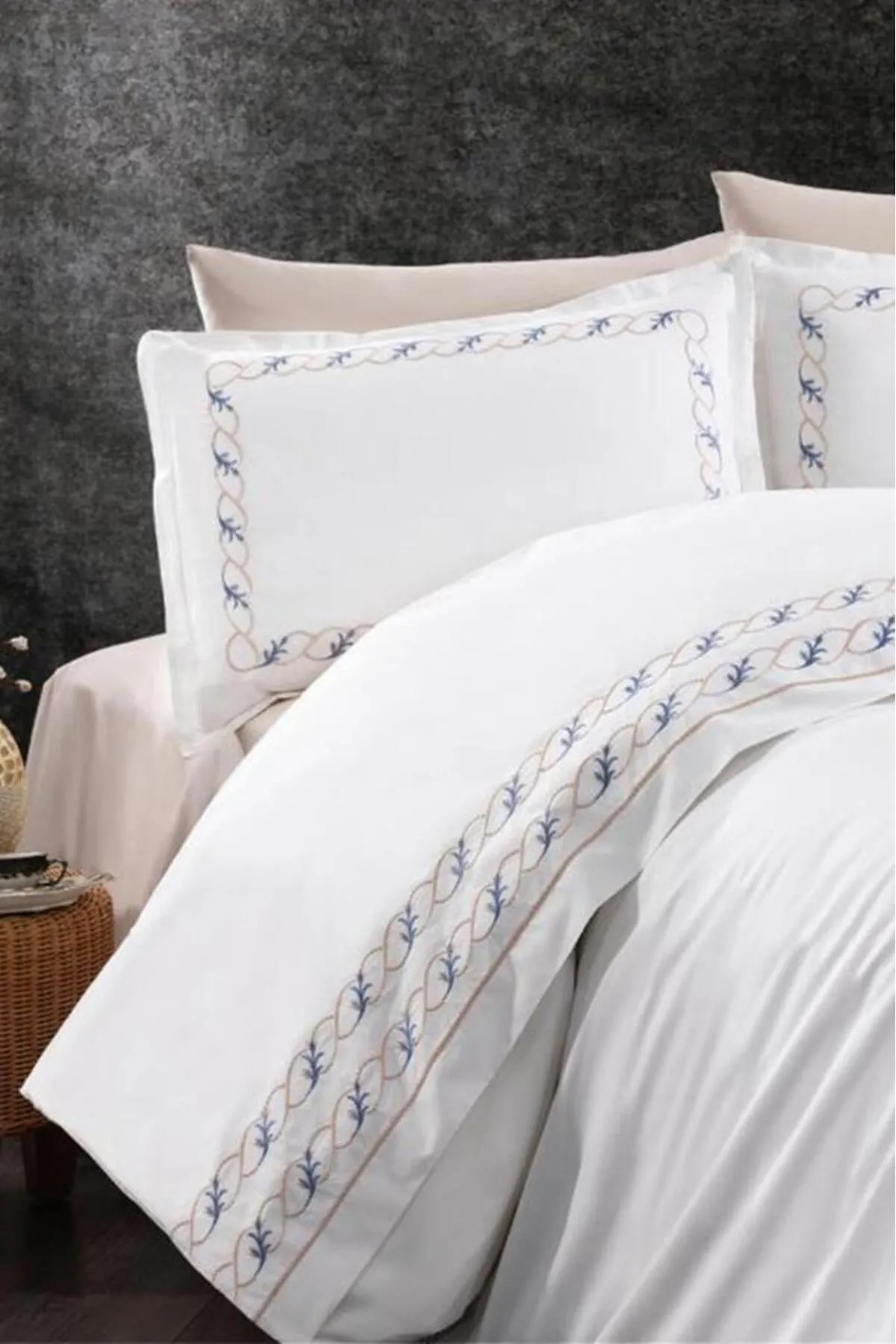 Çeyiz Diyarı  Bettwäscheset für Doppelbett, 100 % Baumwolle, mit Tulpenstickerei, Grau