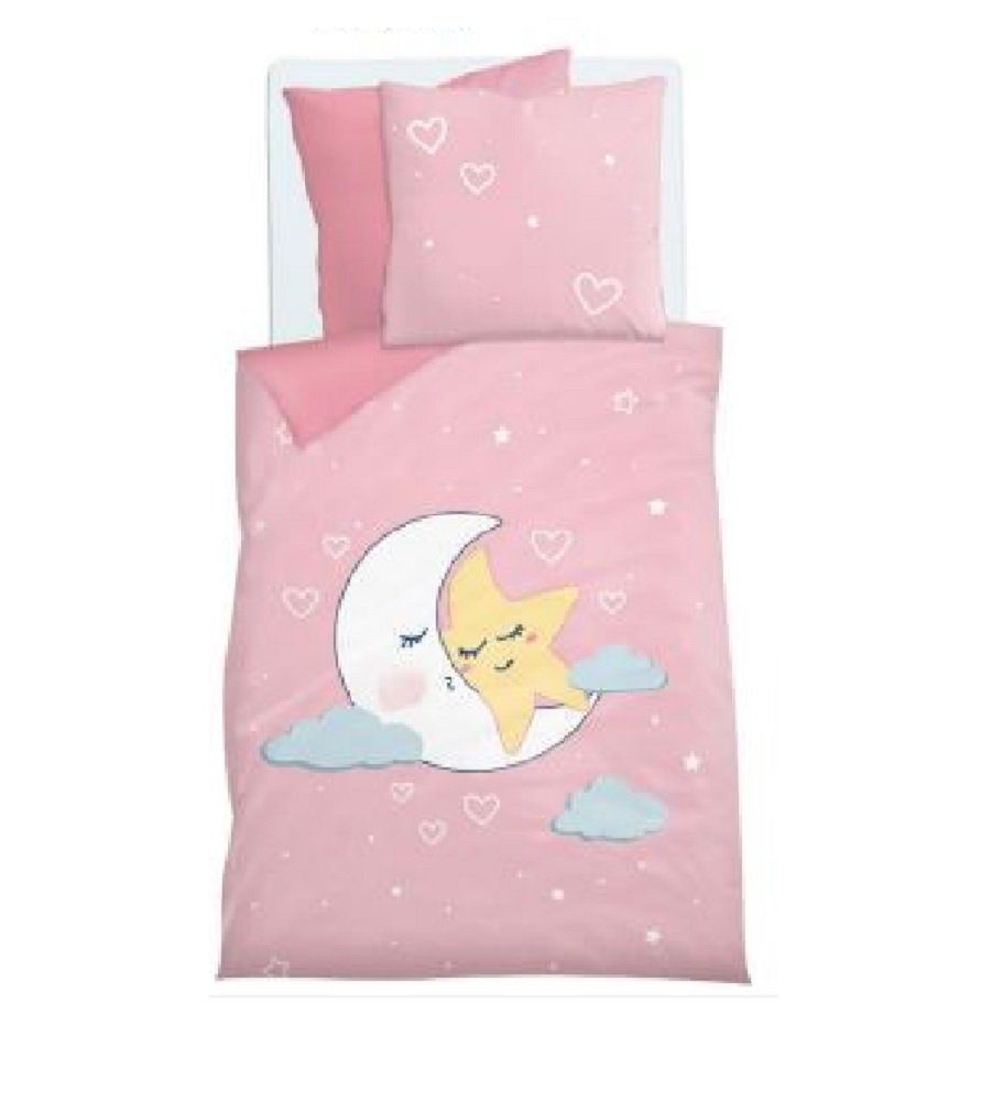 Kinderbettwäsche Biber 2tlg 135x200cm Mond Moon Stern Gute nacht Rosa Herz, soma, Baumwolle, 2 teilig, kinderbettwäsche 135x200 biber kinder bettwäsche für Kinder