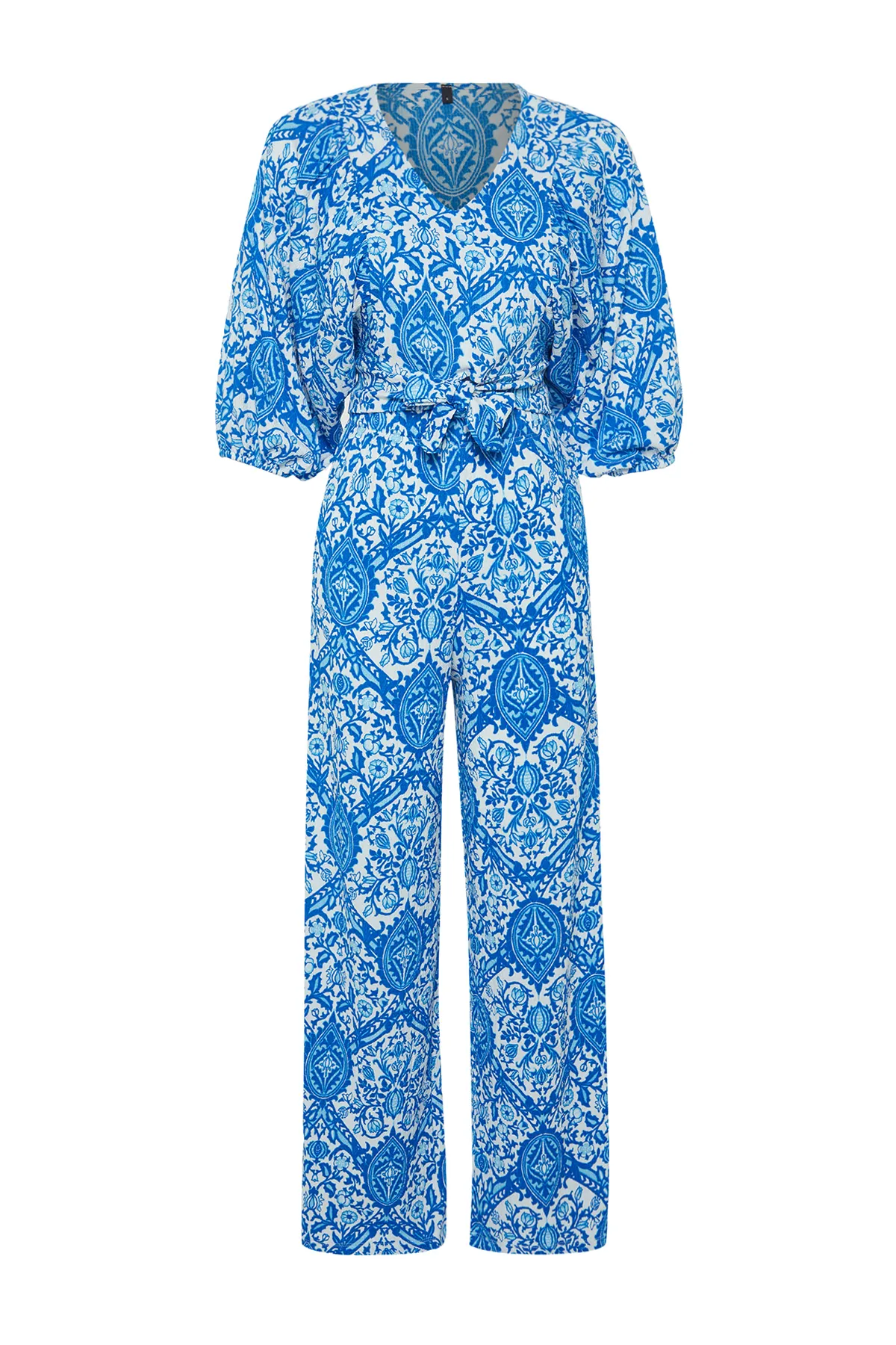 Trendyol Collection  Blau bedruckter V-Ausschnitt Ballonärmel Entspannter/bequemer Schnitt Strukturierter flexibler Strickanzug unten und oben TWOSS24AU00033