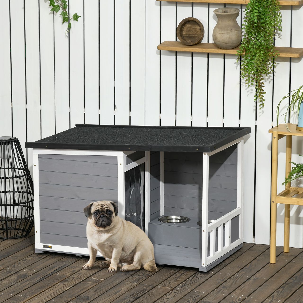 PawHut Hundehütte, Tannenholz, Hundehaus, Kleintierhaus mit 2 Schüsseln, Outdoor